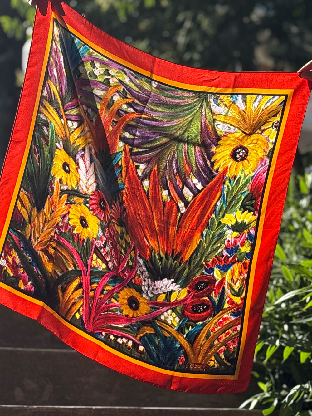 Colorful Mantora silk scarf outdoors