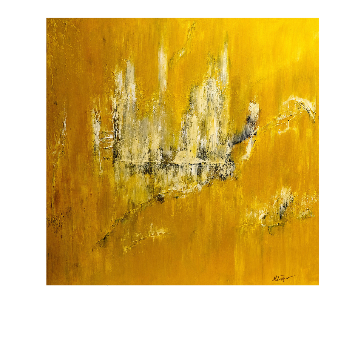 An abstract painting featuring a textured, expressive background of rich gold and yellow tones, with layered strokes of white, gray, and black paint creating a cityscape-like silhouette in the center.