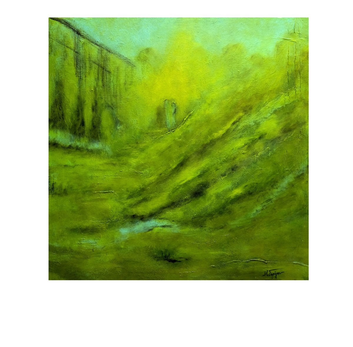 An abstract landscape painting featuring a misty green and yellow path winding through a hazy valley, with dark silhouettes of structures on the left and right, presented on a white background.
