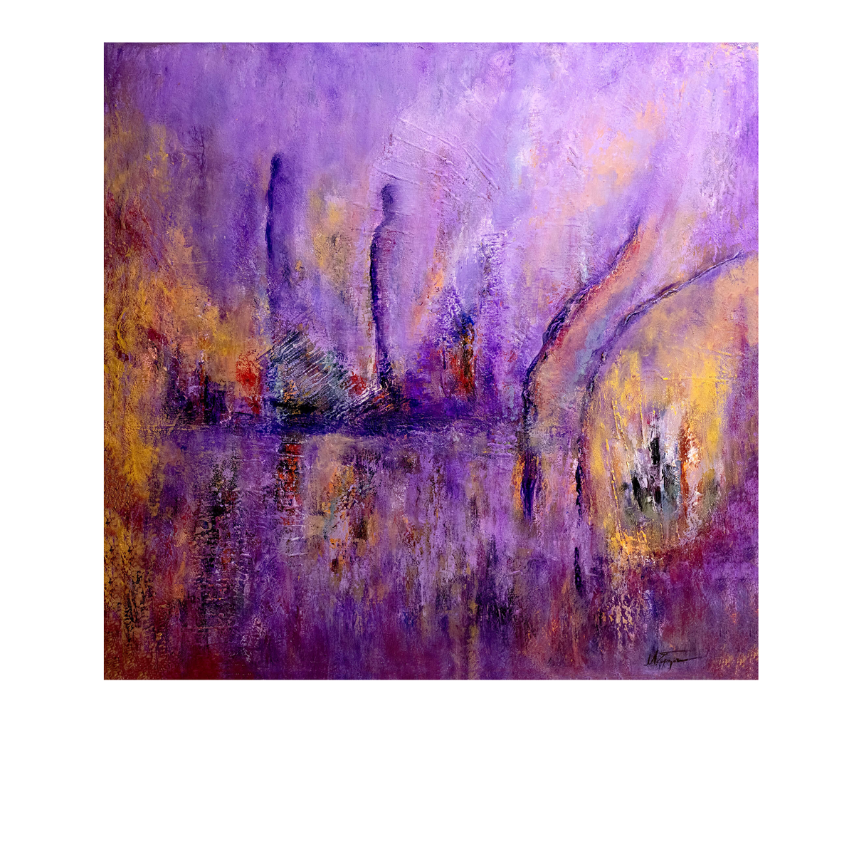 An abstract painting featuring a landscape-like scene with purple and lavender tones, yellow-gold highlights, and dark silhouetted forms, presented on a white background.
