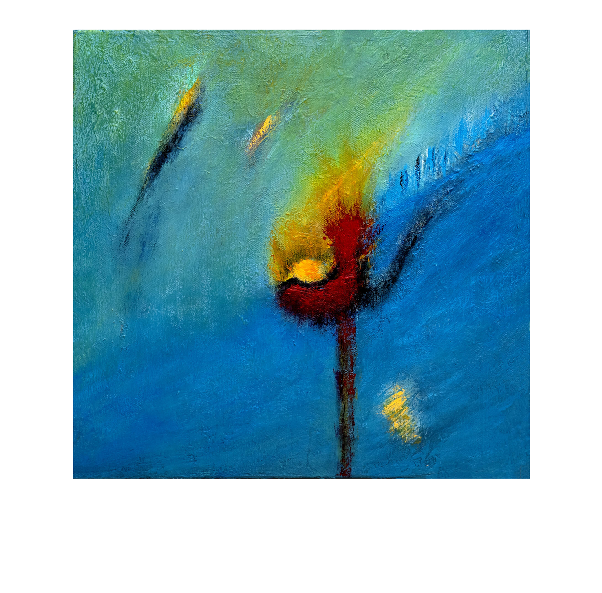An abstract painting featuring a central red and yellow flame-like form rising from a deep blue base, with soft green and gray brushstrokes across the background.