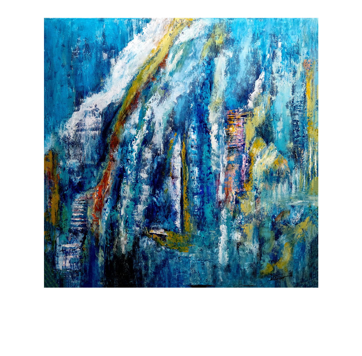An abstract canvas painting featuring a textured, expressive brushstroke composition dominated by vibrant blues, whites, and yellows, with subtle hints of orange and purple.
