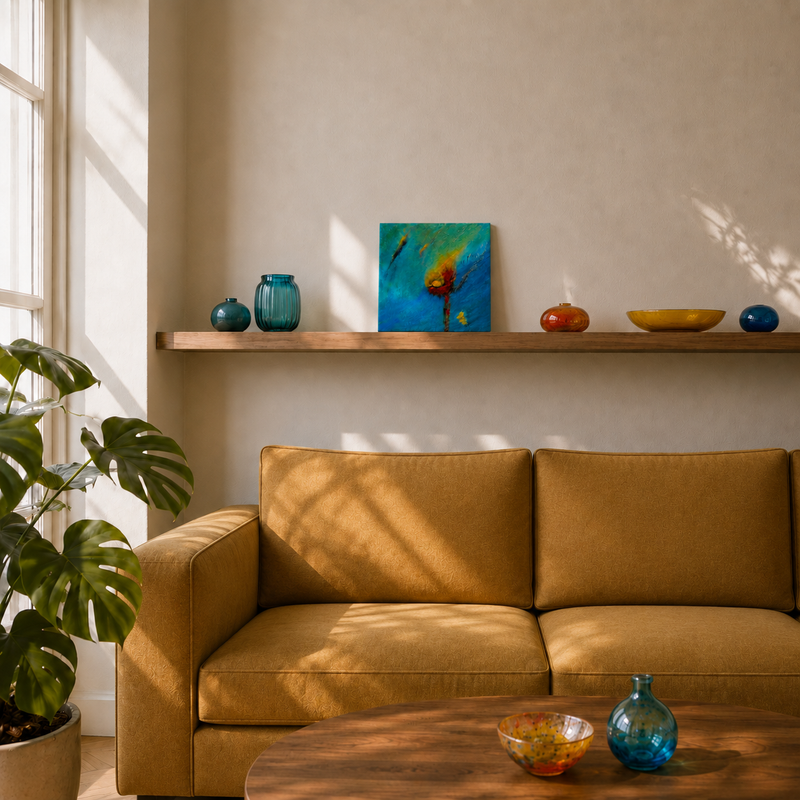 A mustard yellow fabric sofa in a sunlit living room, with a floating wooden shelf above holding colorful vases and a small painting. A potted monstera plant is on the left, and a wooden coffee table is in front.