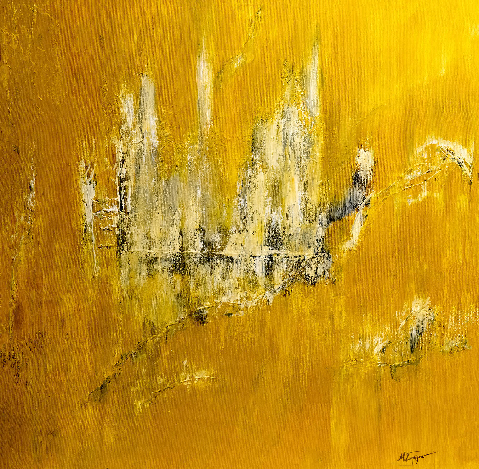 An abstract painting featuring a textured, expressive background of rich golden yellow with layered white, gray, and black brushstrokes creating a cityscape-like silhouette.