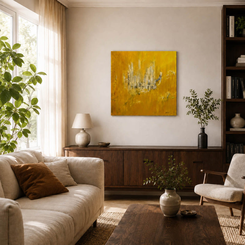 An abstract yellow canvas painting with blue and gray brushstrokes hangs on a beige wall in a modern, sunlit living room with a sofa, wooden console, and plants.
