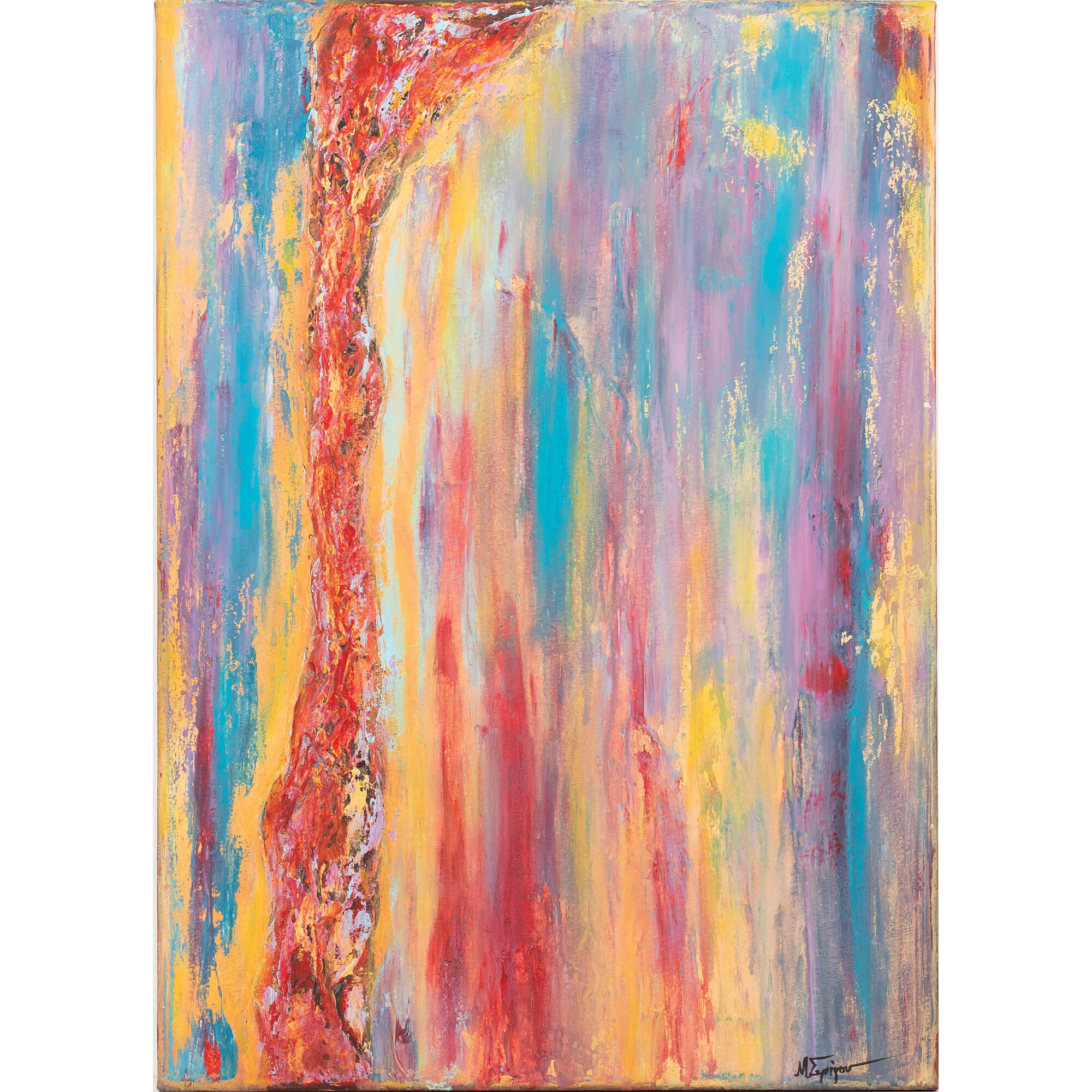 An abstract vertical canvas painting featuring a vibrant mix of colors including turquoise blue, yellow, red, pink, and purple, with a prominent textured red-orange vertical streak running down the center.