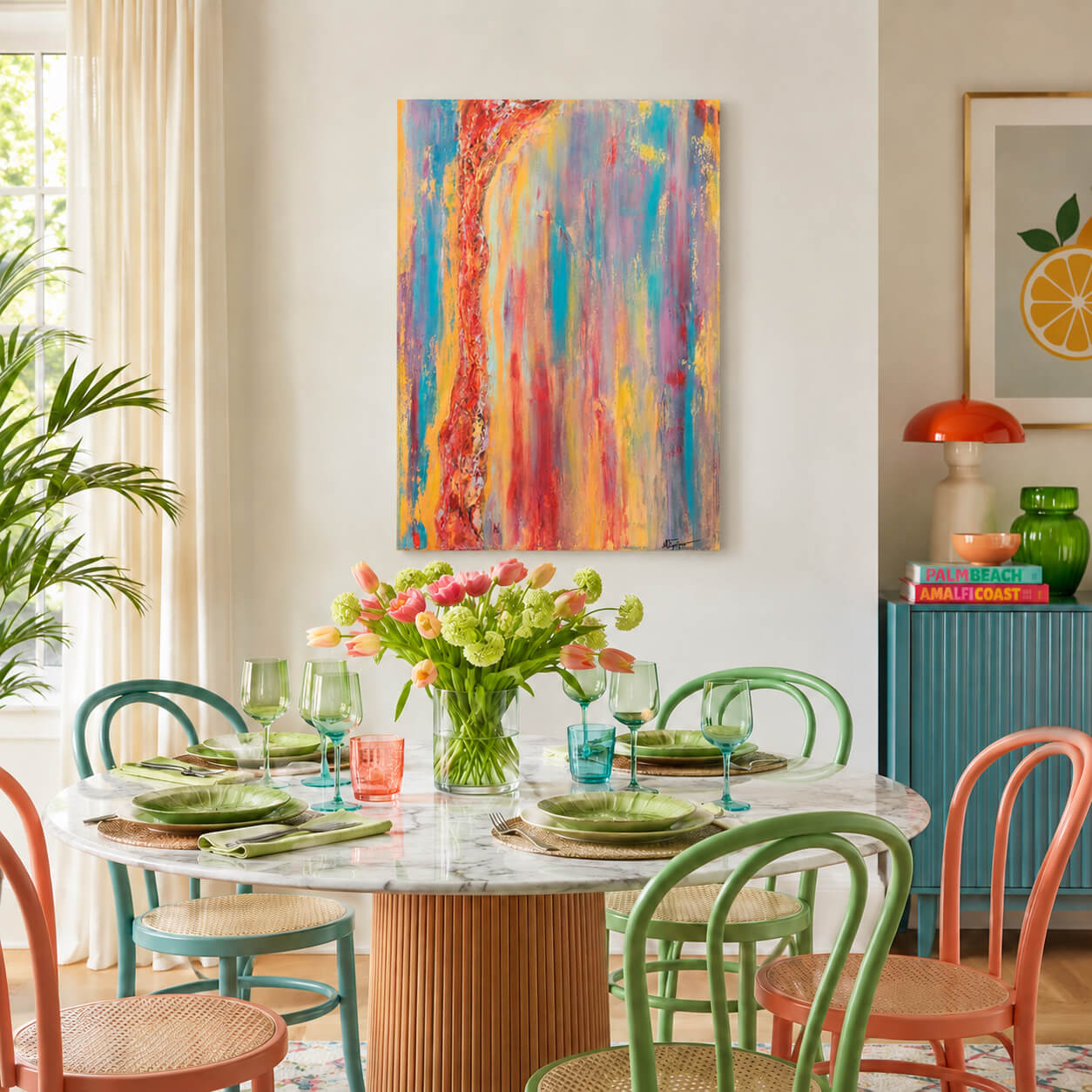 A colorful abstract canvas painting hangs on a white wall above a round dining table set with green plates, pink tulips, and multiple colored chairs in a bright, modern dining room.