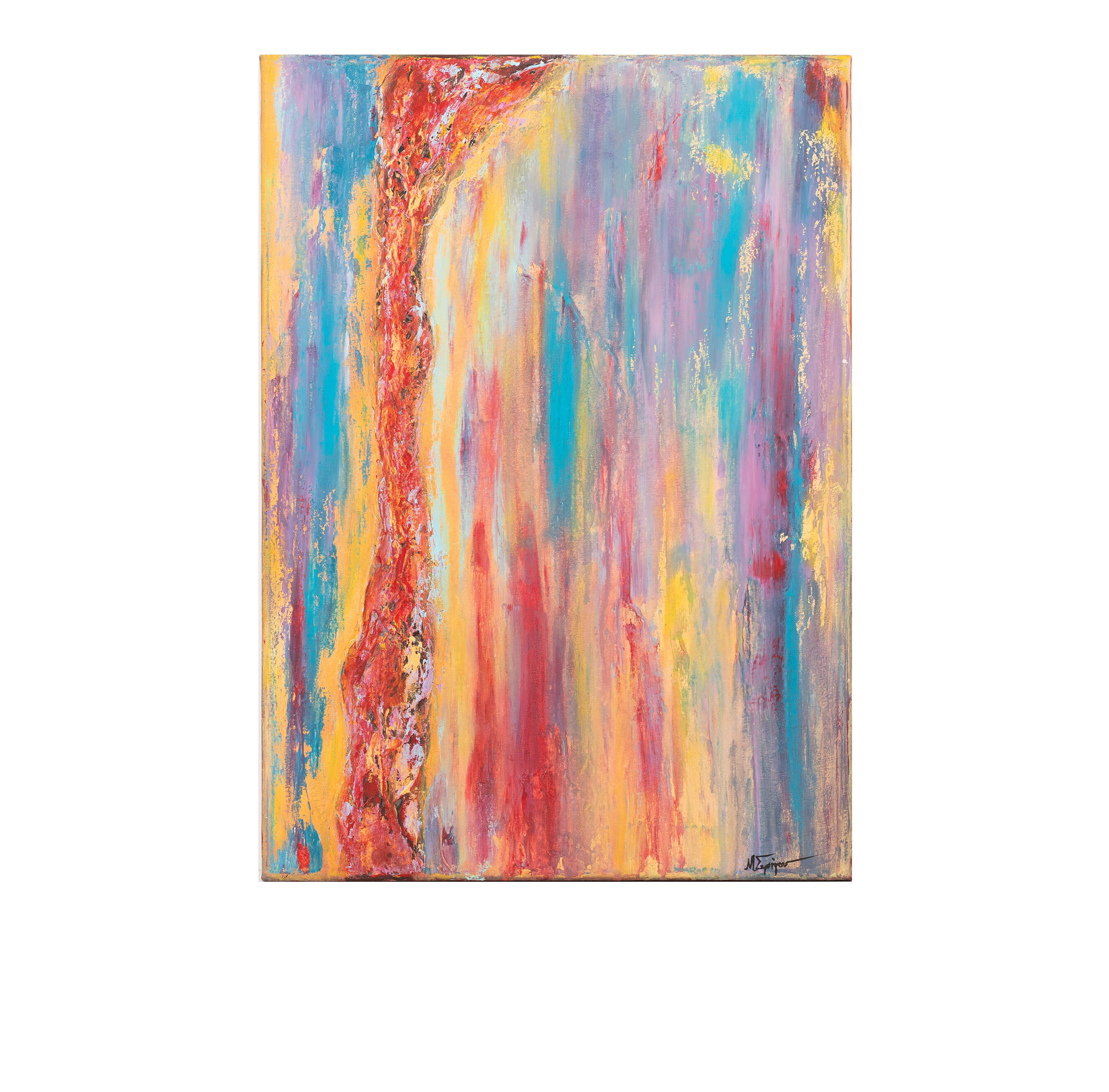 An abstract vertical painting featuring a vibrant mix of red, yellow, blue, pink, and purple brushstrokes, displayed against a solid white background.