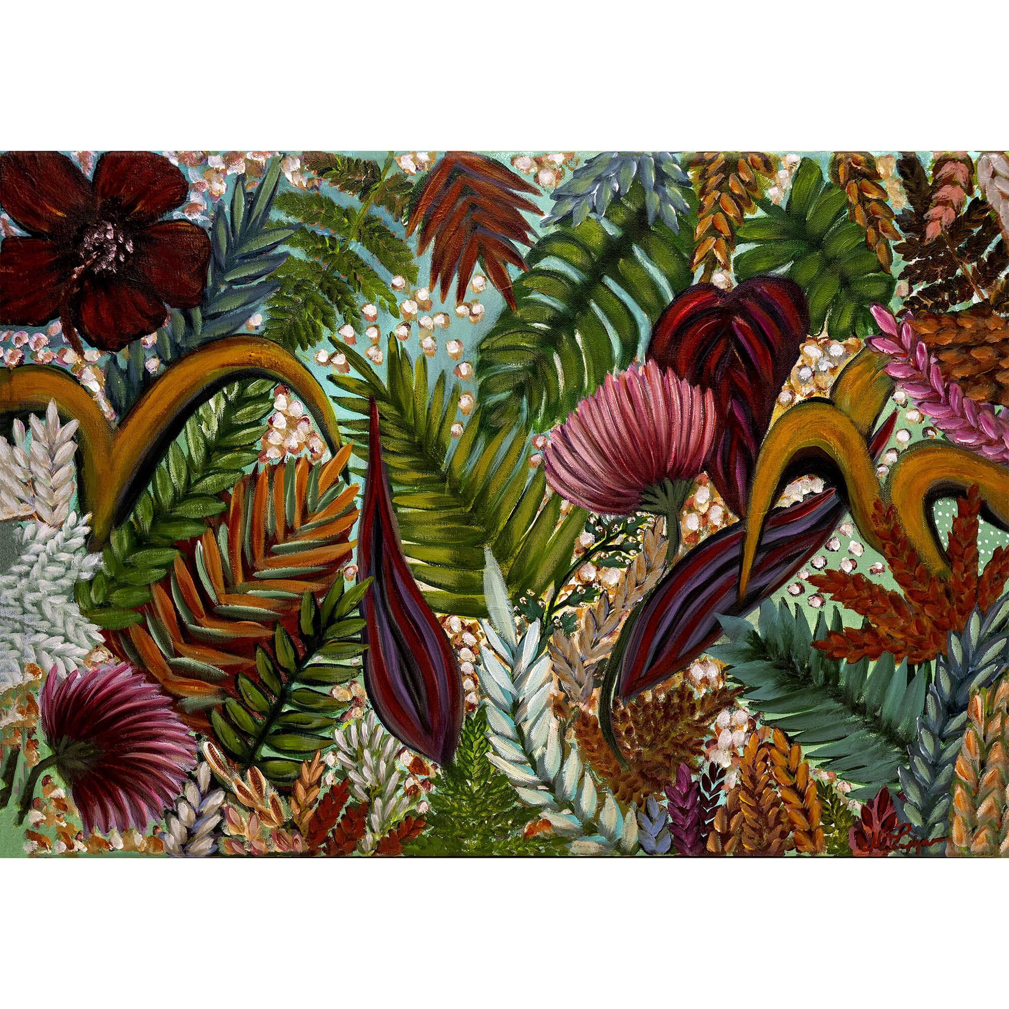 A square art print featuring a dense, colorful tropical floral and leaf pattern with green, red, pink, and brown botanical elements on a white border background.