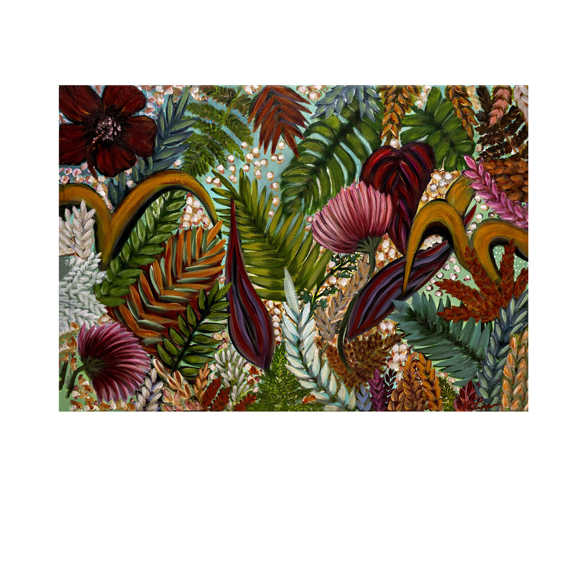 A rectangular art print featuring a dense, colorful botanical pattern with tropical leaves, flowers, and foliage in green, burgundy, pink, gold, and brown tones, centered on a white background.