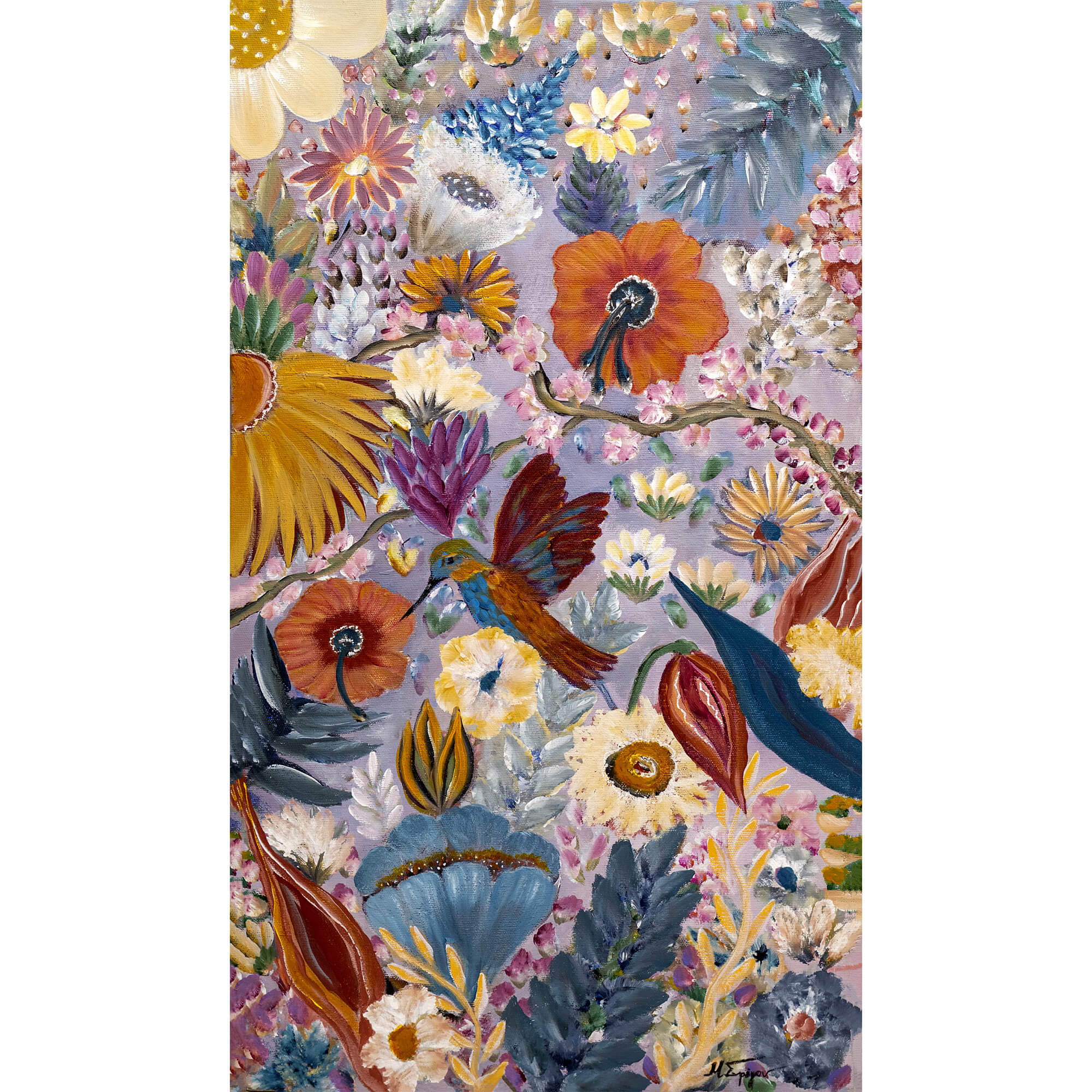 A vertical floral and bird painting with dense botanical elements and a small hummingbird, shown against a white page background.