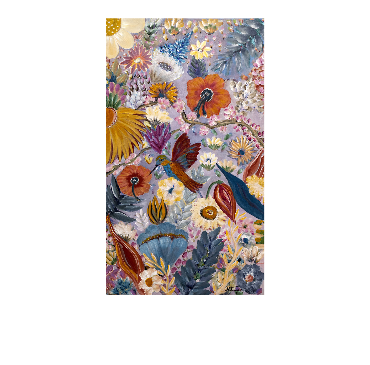 A vertical rectangular art print featuring a dense, colorful botanical and avian illustration on a light lavender background. The design includes flowers in yellow, orange, purple, blue, and cream, along with hummingbirds and a bluebird in a detailed, painterly style.