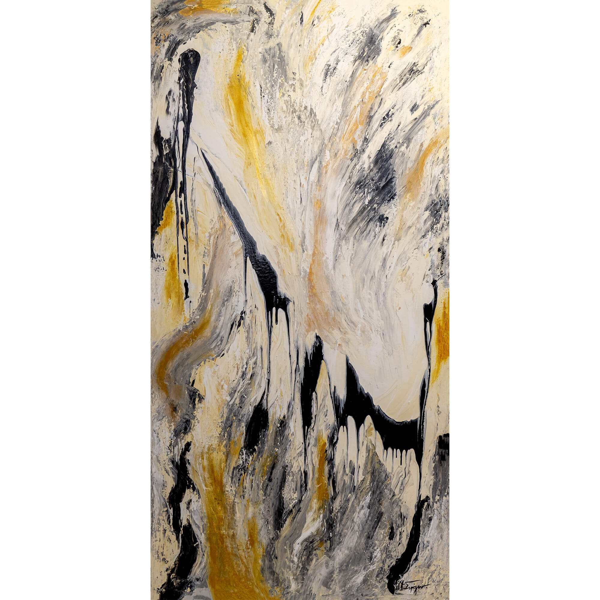 An abstract vertical painting featuring expressive brushstrokes and drips in black, gray, white, and ochre yellow on a white canvas background.