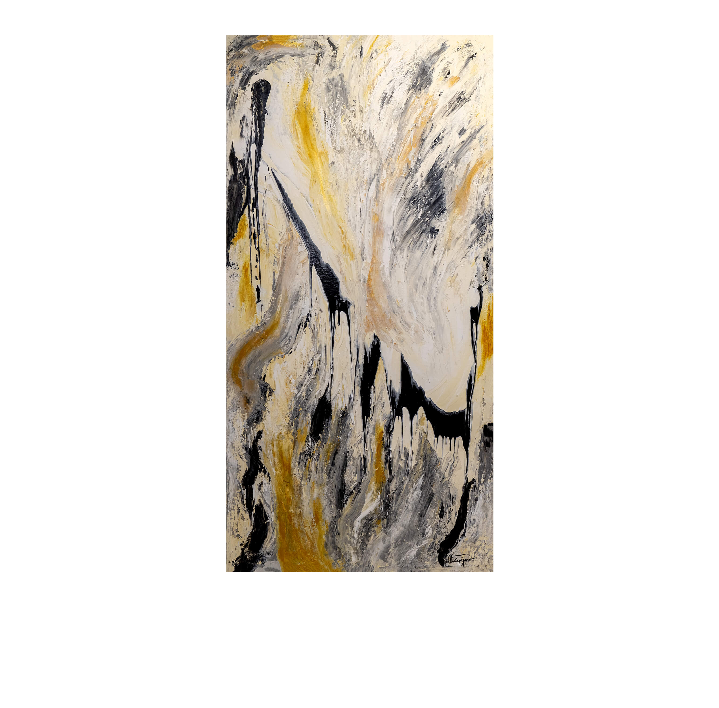 An abstract vertical canvas painting featuring a textured blend of black, gold, gray, and off-white paint with dripping and splattered effects, centered on a plain white background.