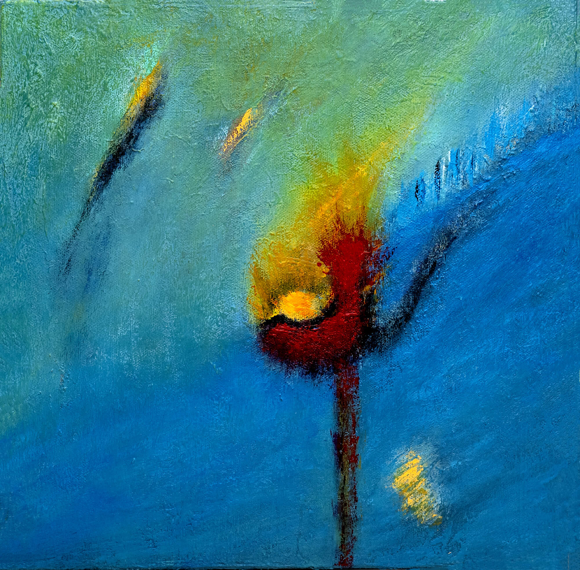 Abstract painting featuring a central red and yellow flame-like form on a blue background with green and yellow areas.