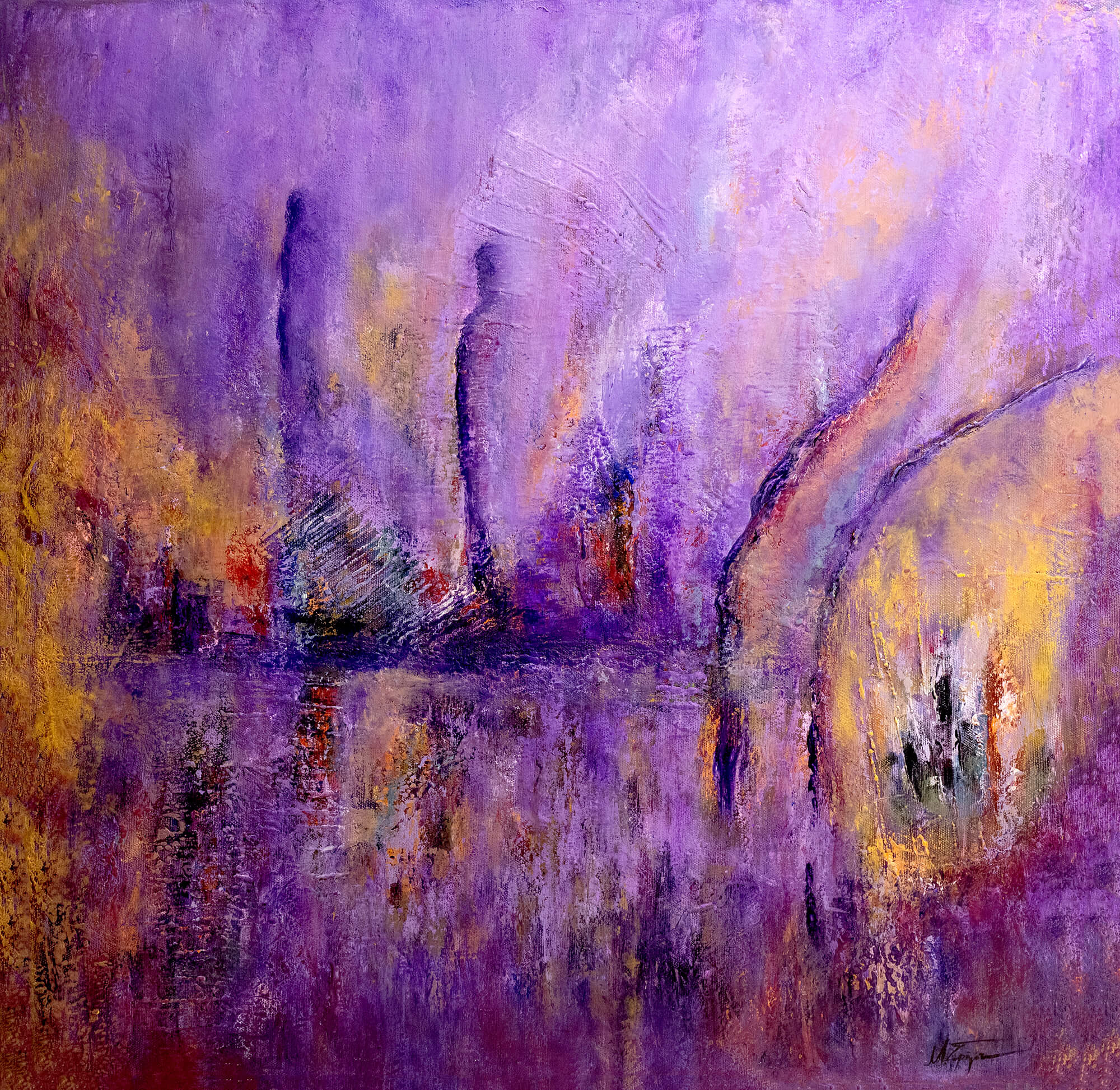 An abstract painting depicting a moody landscape with purple and lavender tones, yellow-gold highlights, and dark vertical forms resembling trees or buildings, with reflections in the lower half.