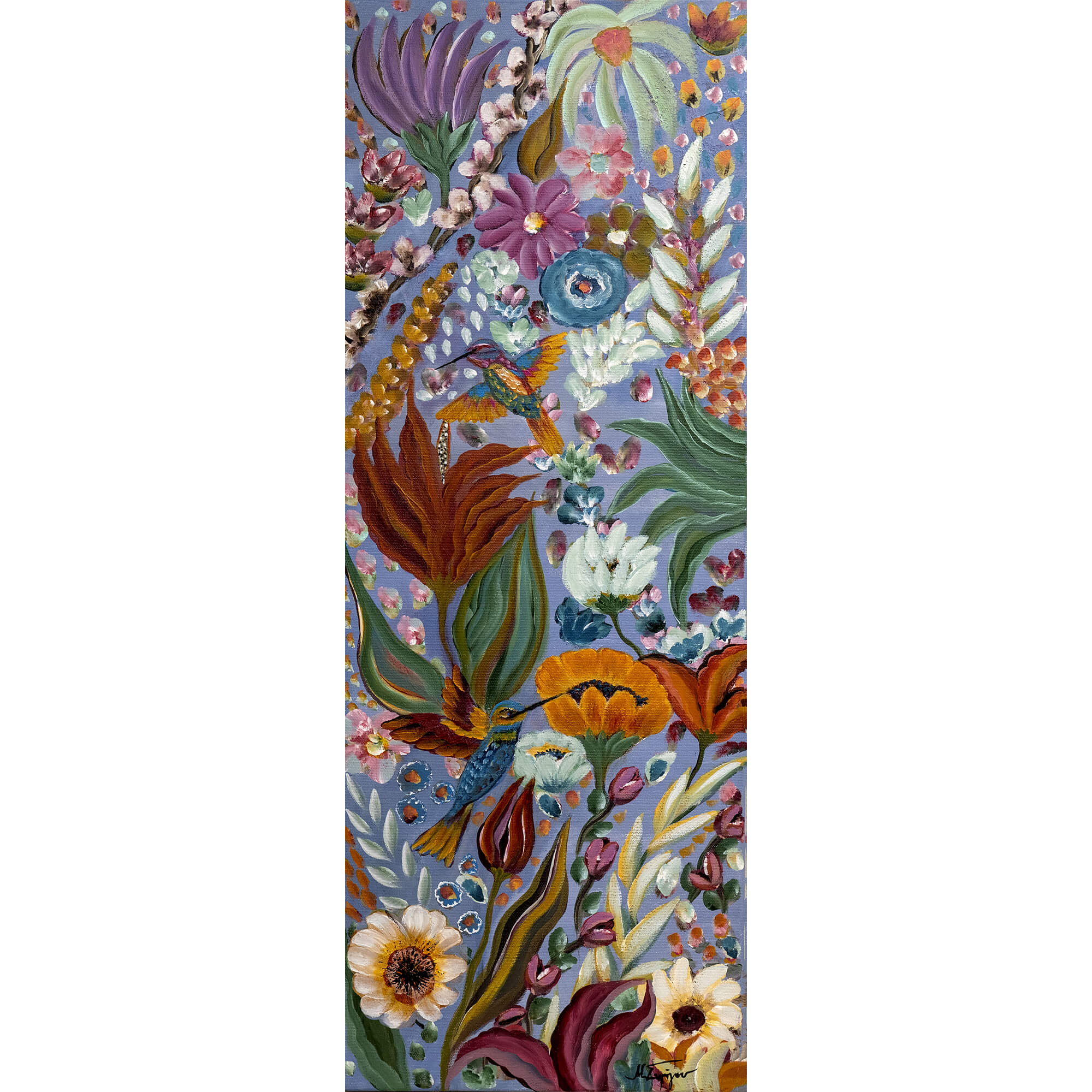 A tall, narrow vertical artwork featuring a dense, painterly floral and botanical scene with birds on a pale lavender background. The composition includes purple, blue, green, orange, white, and brown elements, with no visible frame or surrounding room context.