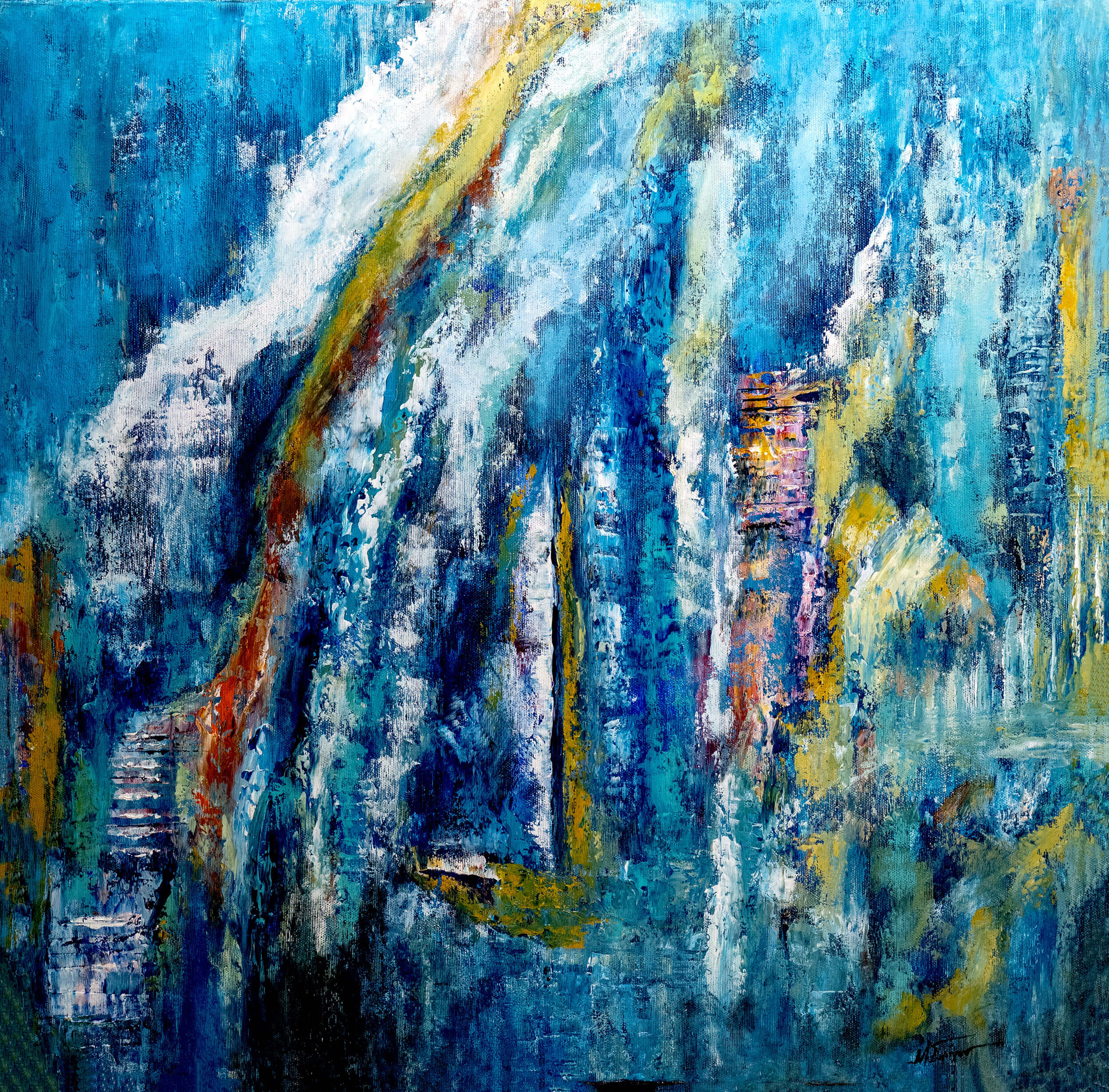 An abstract painting featuring a textured, expressive brushstroke composition dominated by vibrant blues, white, and yellow, with subtle hints of orange and purple.