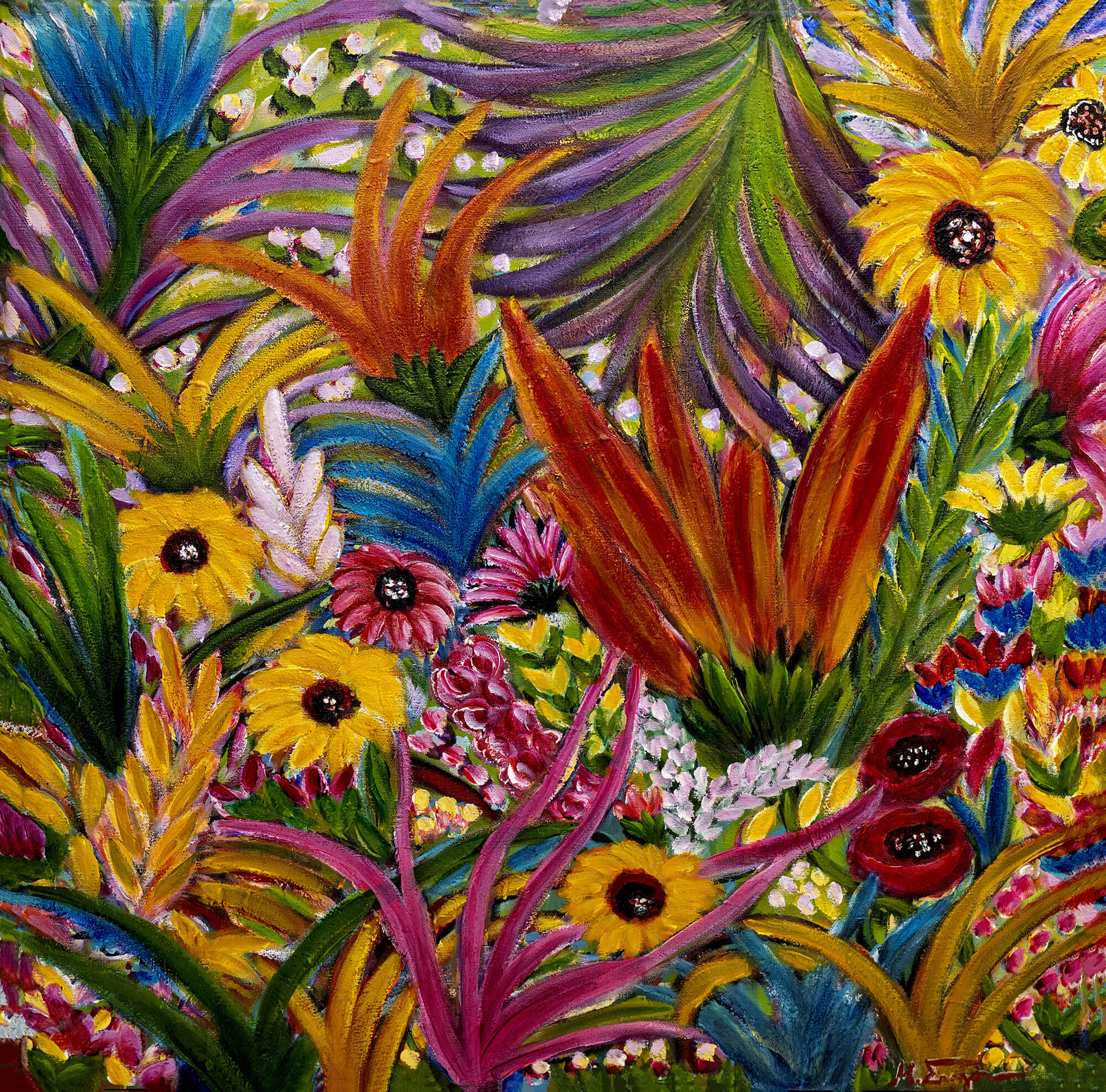 A vibrant, colorful floral painting featuring bold brushstrokes of yellow, red, pink, blue, purple, and green flowers and leaves filling the entire frame.