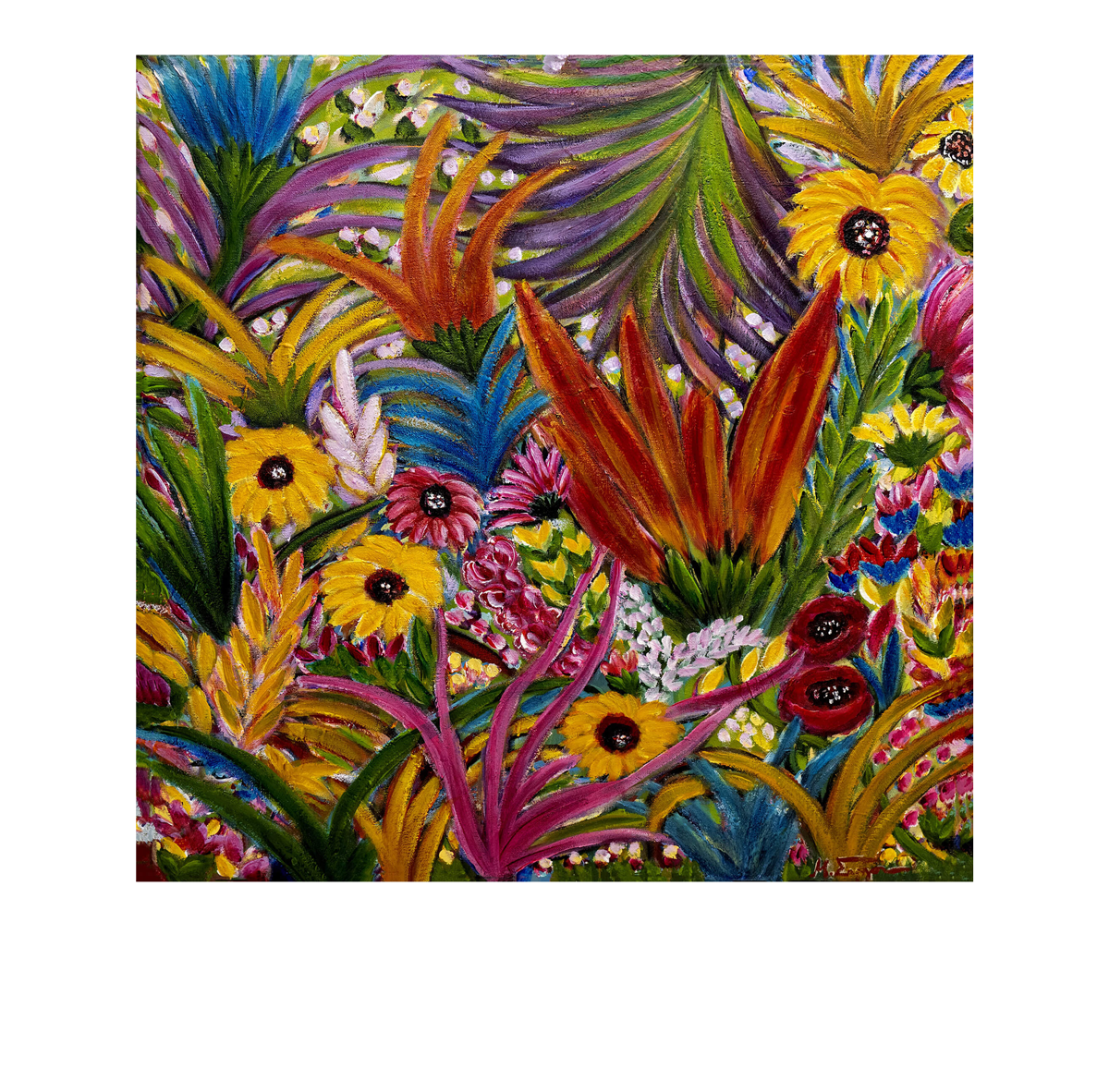 A square, vibrant floral painting featuring a dense, colorful botanical pattern with yellow sunflowers, red and orange blossoms, green and purple leaves, and small white flowers, presented on a white background with a drop shadow.