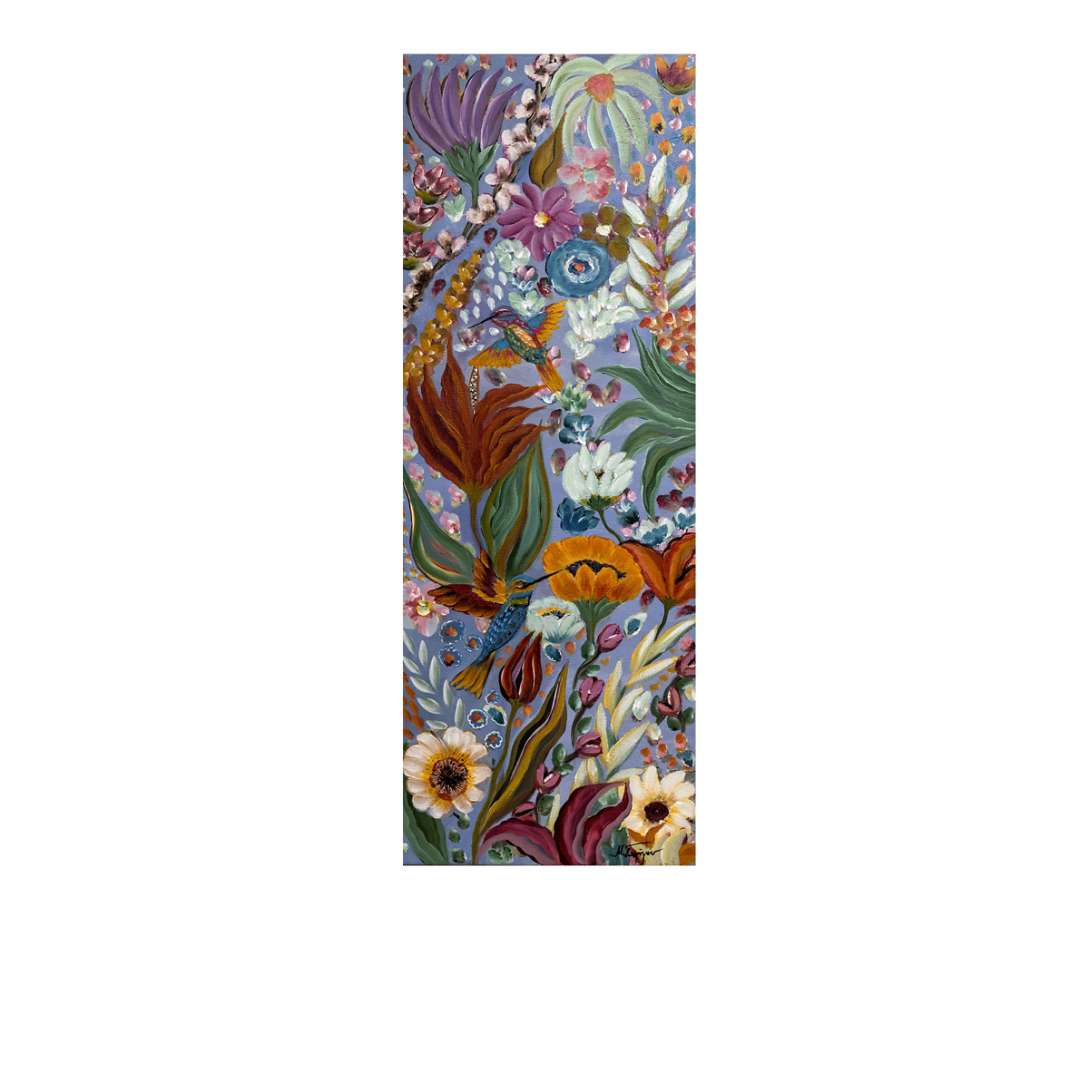 A tall, narrow rectangular print featuring a dense, colorful botanical and floral illustration on a light blue background, centered on a plain white canvas.