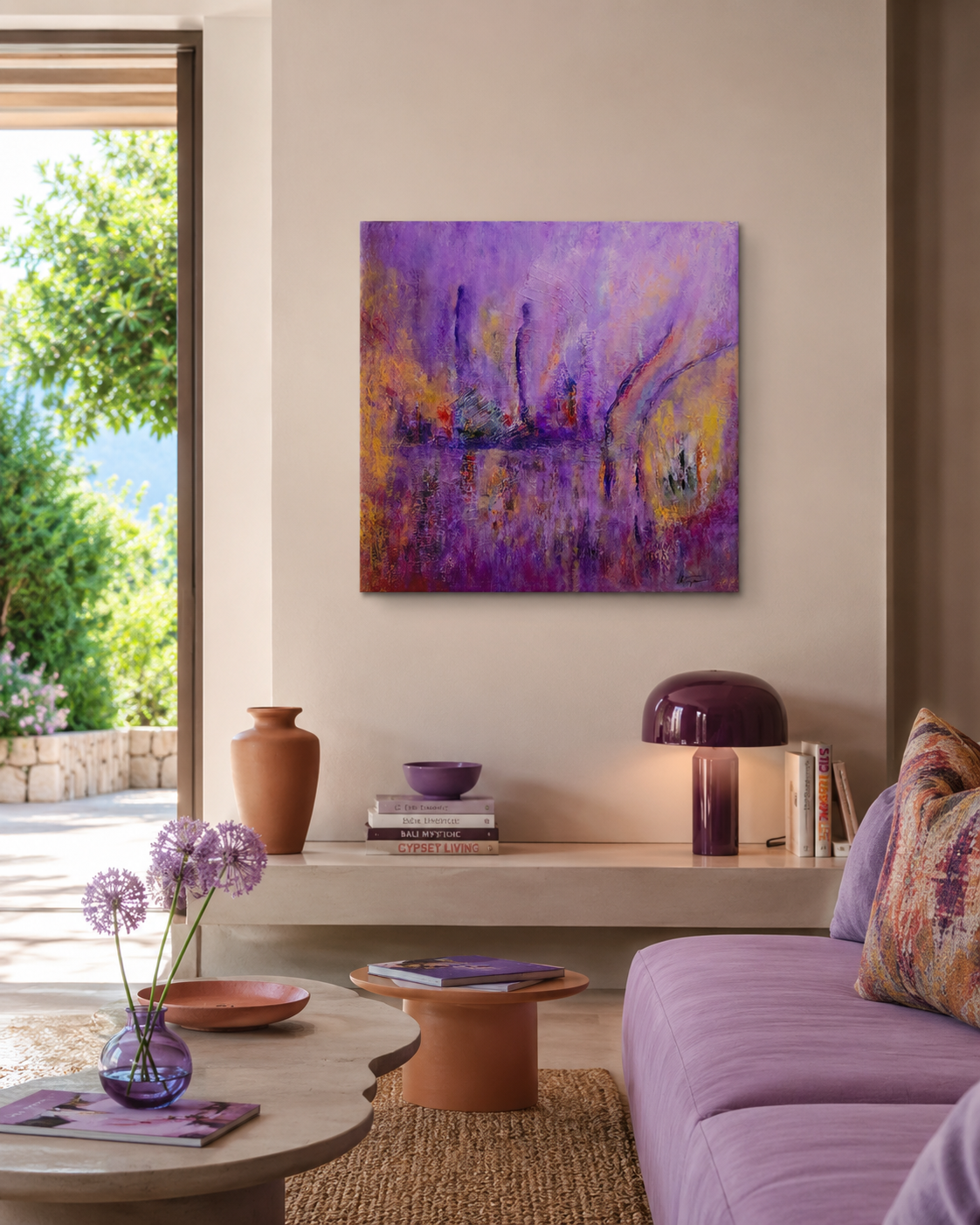 An abstract purple painting with orange and yellow accents hangs on a beige wall in a modern, stylishly decorated living room with a purple sofa and wooden coffee tables.