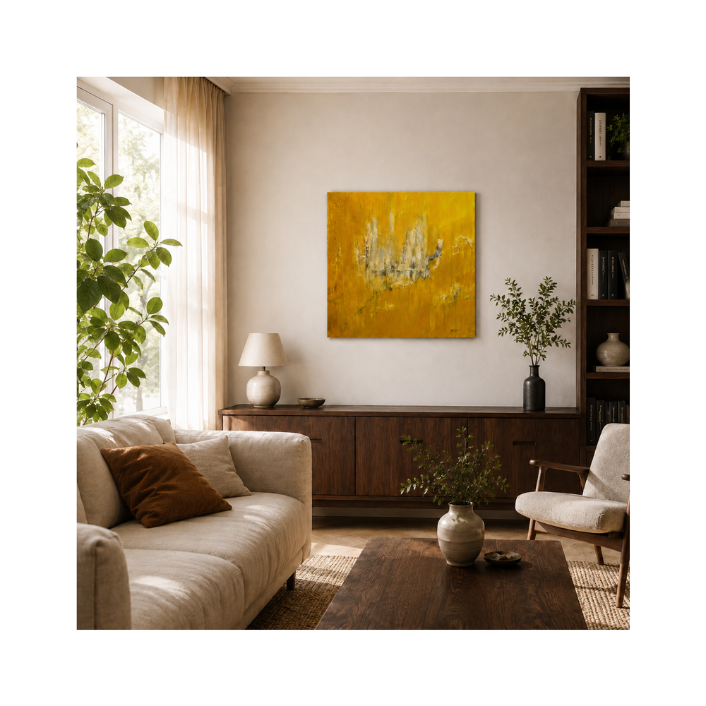 A square abstract painting with a rich golden-yellow background and white brushstrokes hangs on a beige wall in a modern, sunlit living room with a sofa, wooden console, and plants.