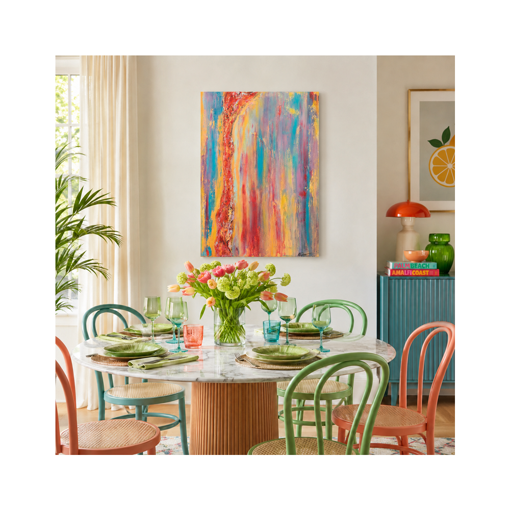 A colorful abstract painting hangs on a light beige wall in a bright, modern dining room. The room features a round marble-top dining table surrounded by green, orange, and blue chairs, set with plates, glasses, and a vase of pink tulips.
