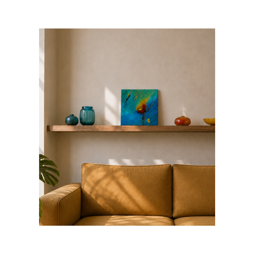 A framed abstract painting with vibrant blue, green, and orange tones hangs on a wooden shelf above a mustard-yellow sofa in a modern living room setting.