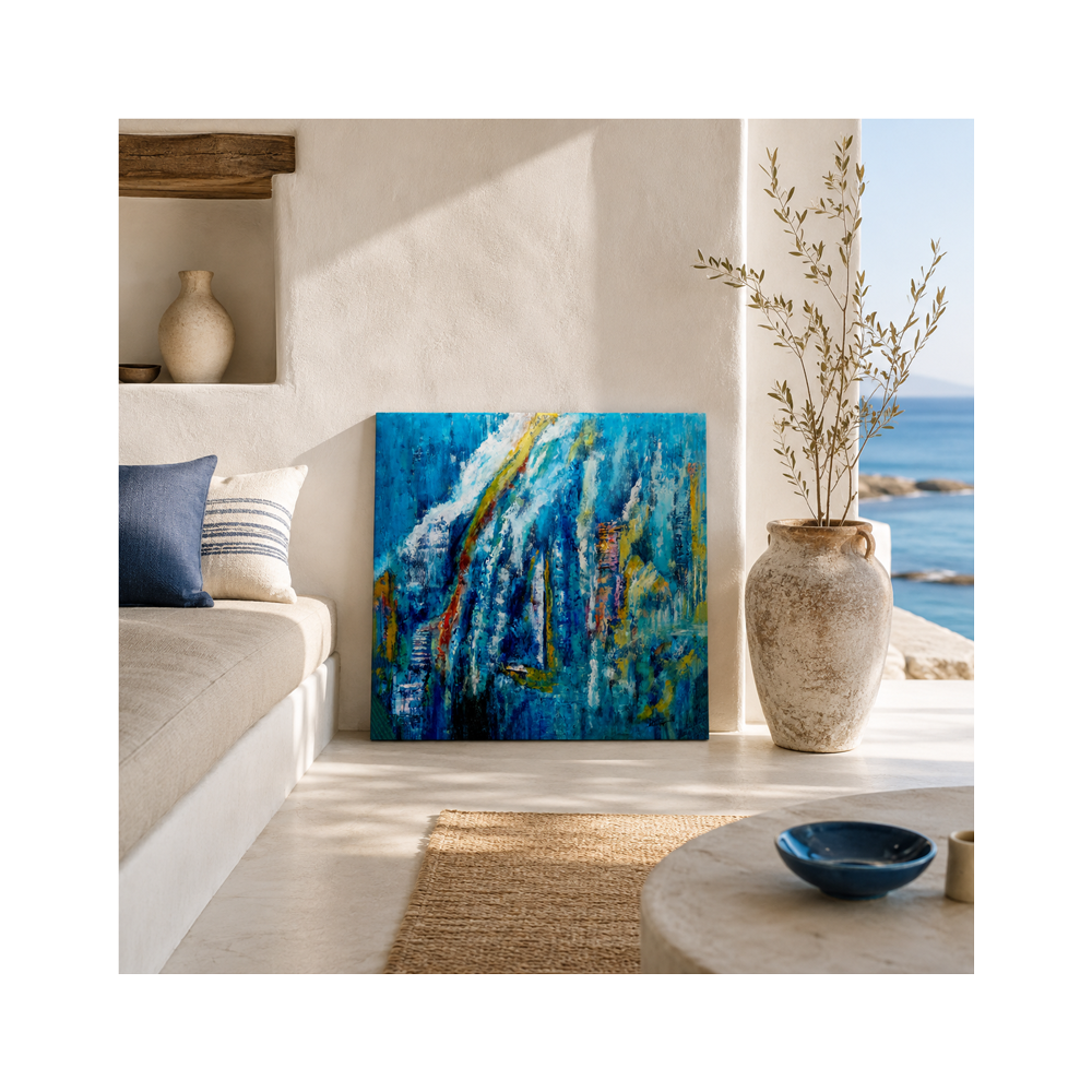 An abstract canvas painting with vibrant blue, teal, and white brushstrokes, leaning against a cream-colored wall in a modern, sunlit coastal living room setting.