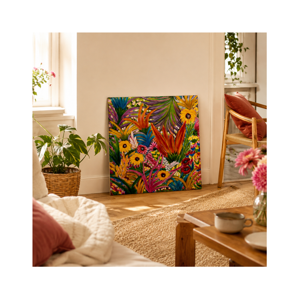 A colorful framed floral artwork leaning against a beige wall in a bright living room with plants, a chair, and a coffee table.