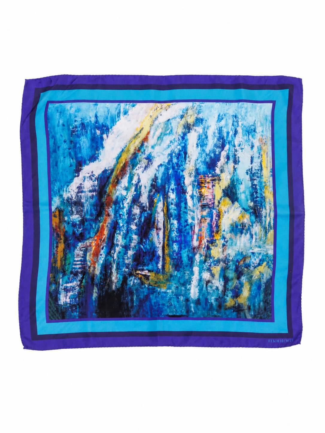 A square silk scarf featuring an abstract mountain landscape print in shades of blue, white, and yellow, framed by a thick purple border and a light blue inner border, shown flat against a white background.