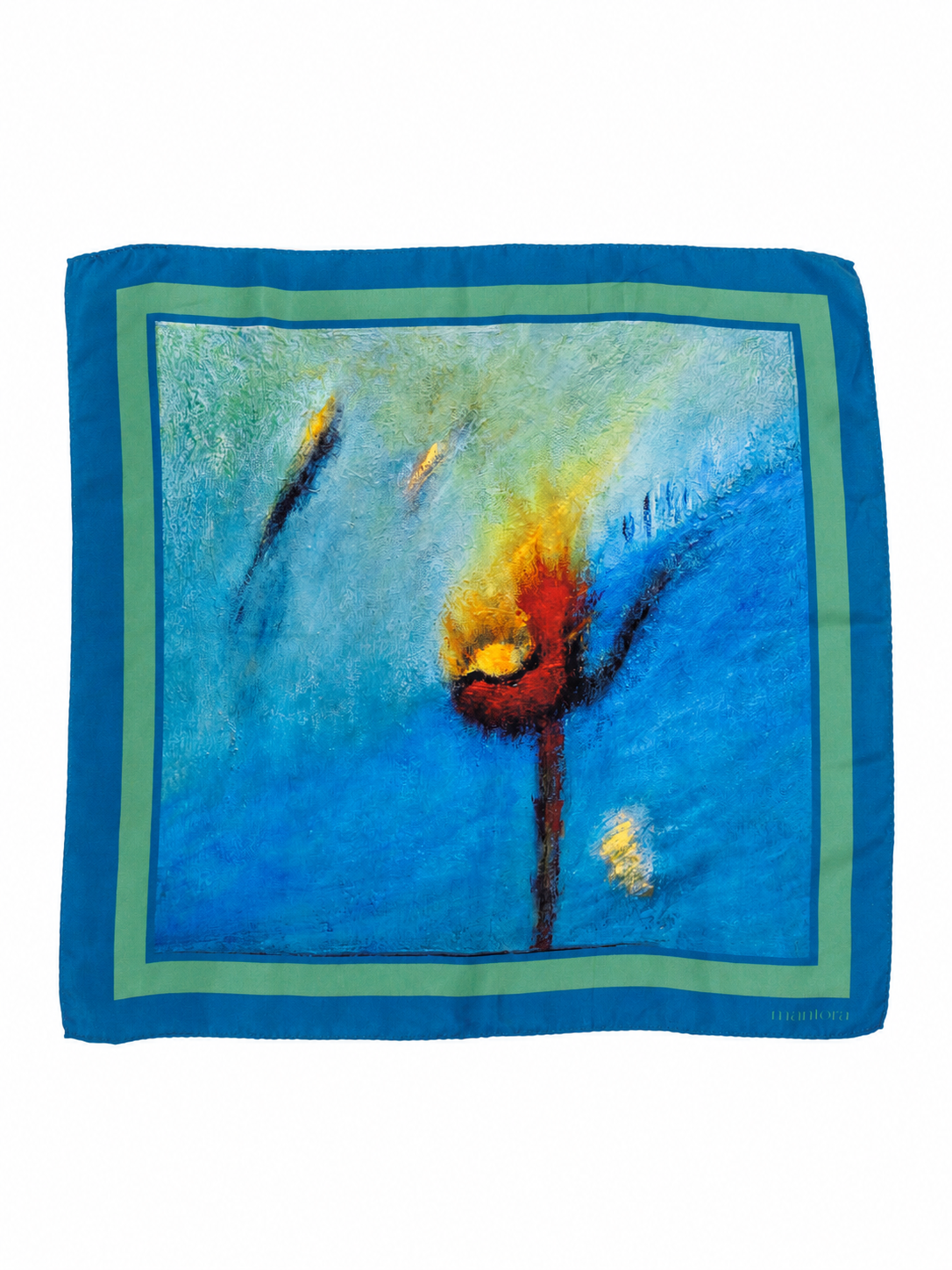 A square silk scarf featuring an abstract painting of a lit match or flame in blue, green, yellow, and orange tones, with a blue border and a light green inner border.