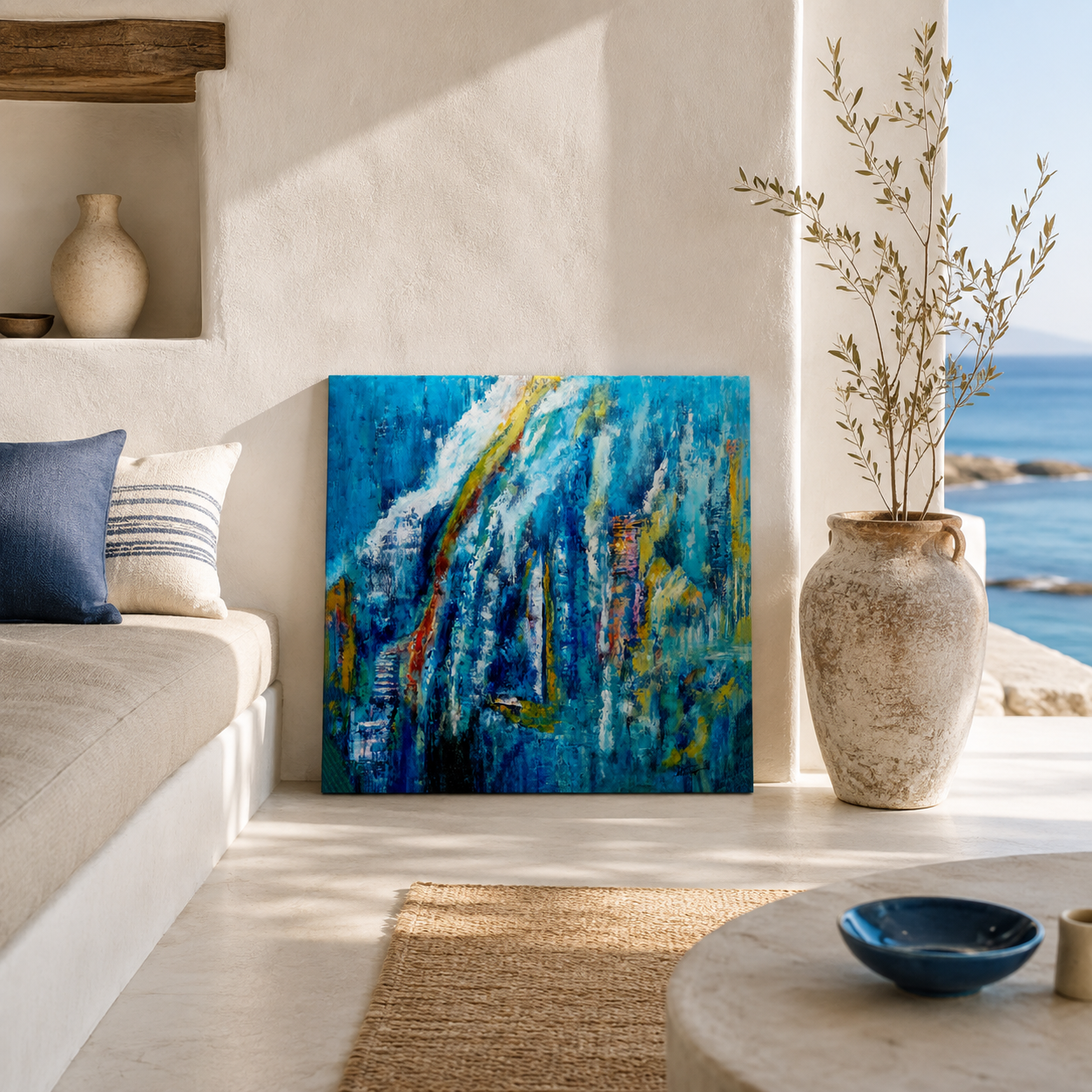 An abstract blue painting with white, yellow, and green brushstrokes leans against a white wall in a bright, modern coastal room with a sofa, pillows, a large vase, and the sea visible in the background.