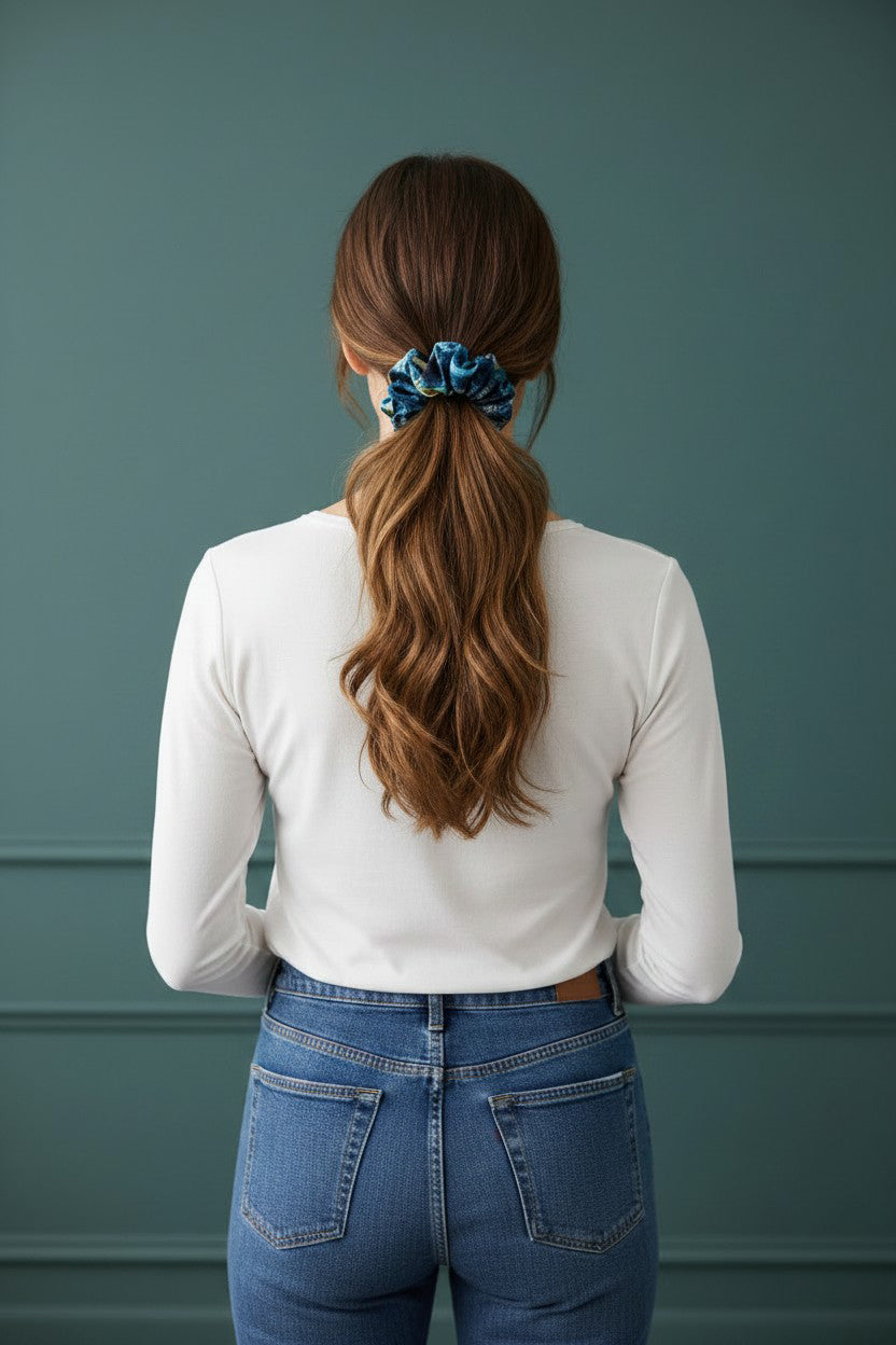 A woman viewed from behind wearing a white long-sleeve top and blue jeans, with a brown ponytail secured by a blue patterned scrunchie against a dark teal wall.
