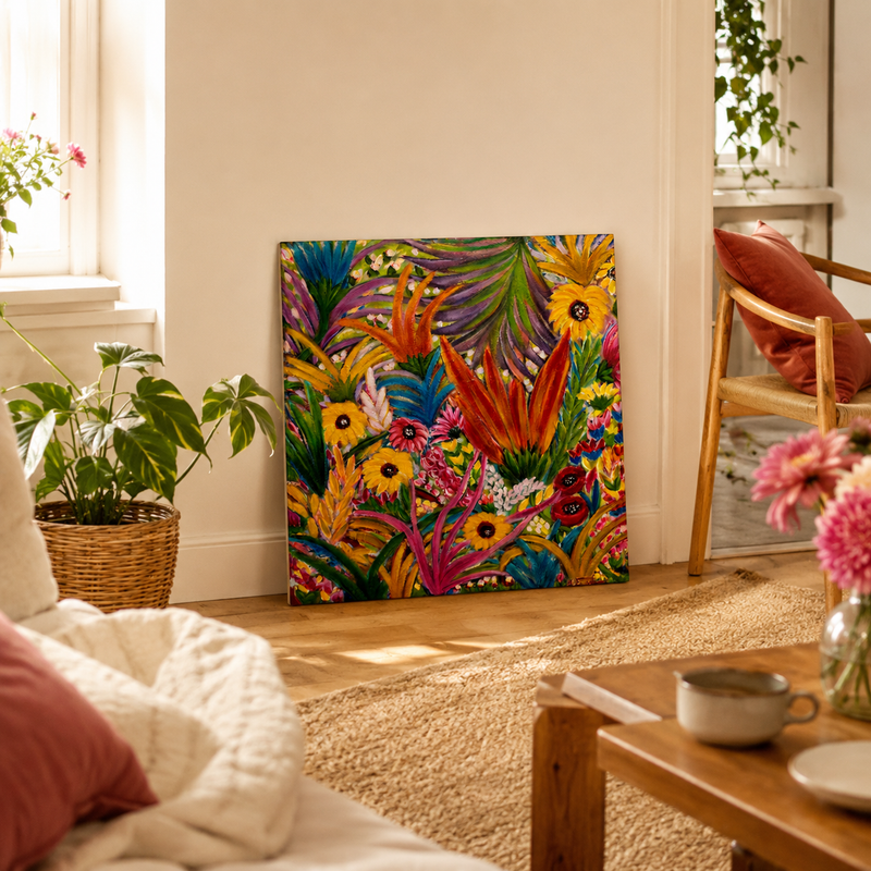 A colorful tropical floral canvas print leaning against a cream wall in a bright, modern living room with a wooden chair, potted plant, and coffee table.