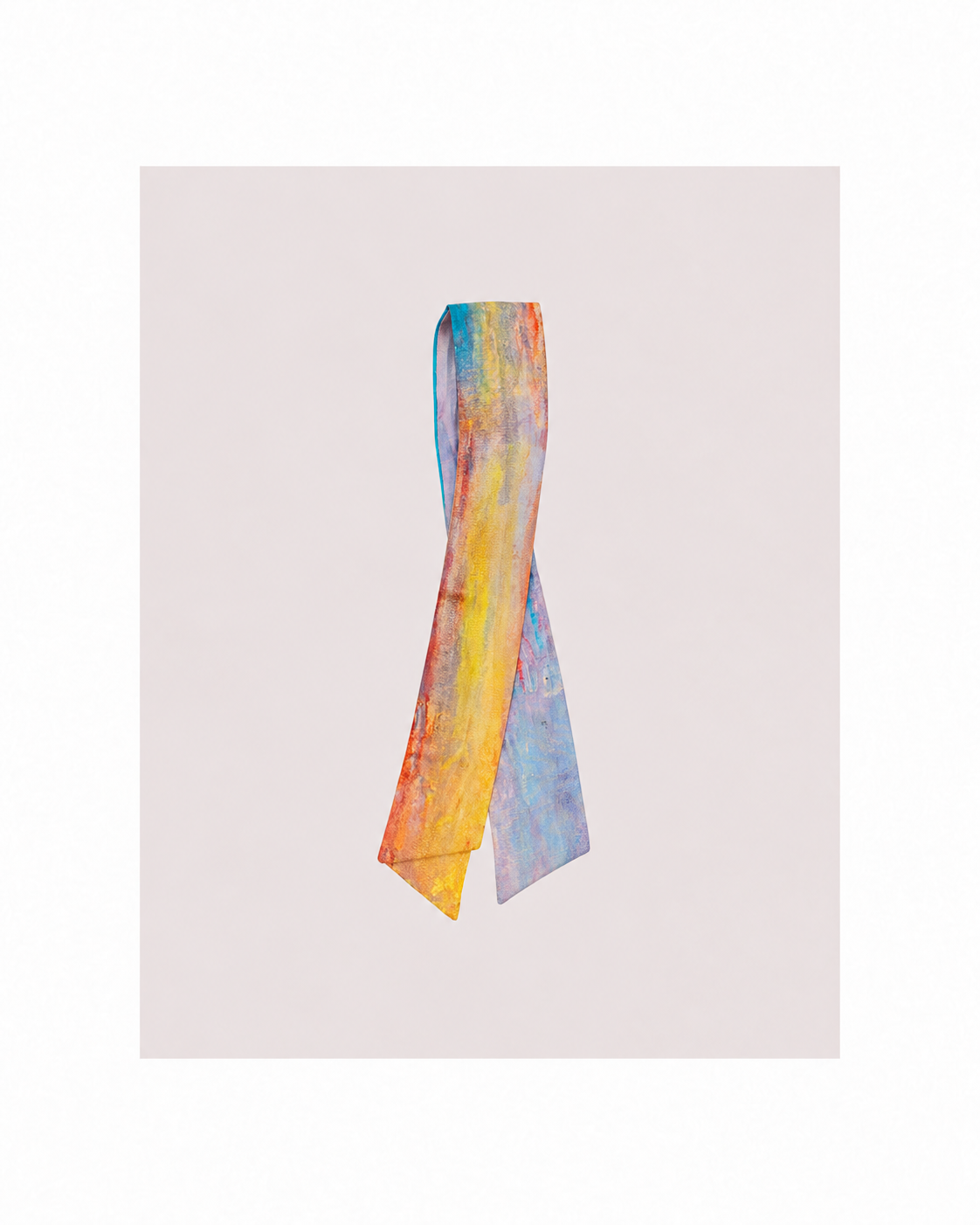A square art print featuring a watercolor-style illustration of a necktie in a vibrant multicolor pattern of yellow, orange, blue, and purple on a pale pink background, centered on a white canvas.