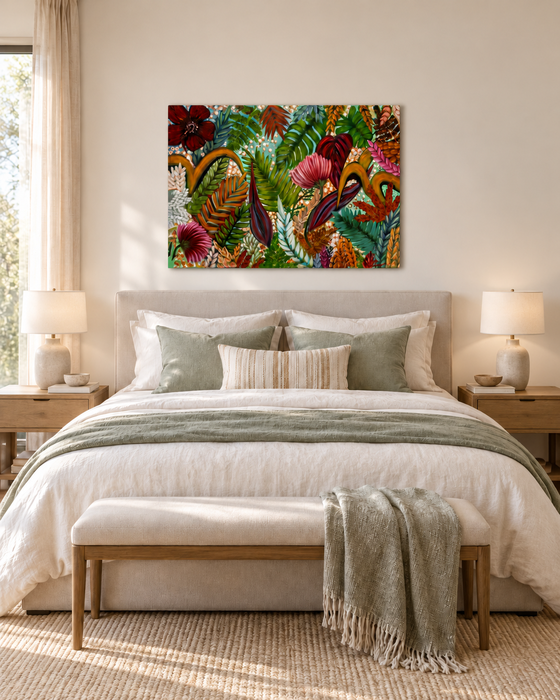 A colorful tropical floral and leaf art print displayed on the wall above a neatly made bed in a bright, modern bedroom.