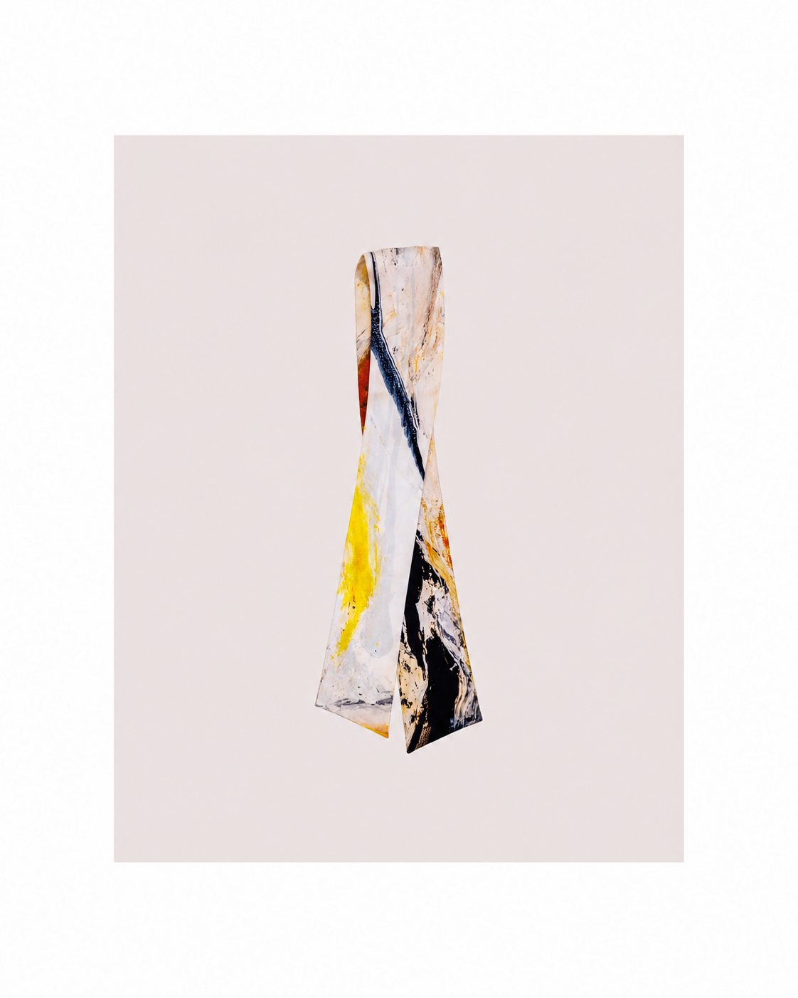 An abstract art print featuring a tall, narrow, distorted triangular form with expressive brushstrokes in cream, black, yellow, red, and brown on a light beige background.