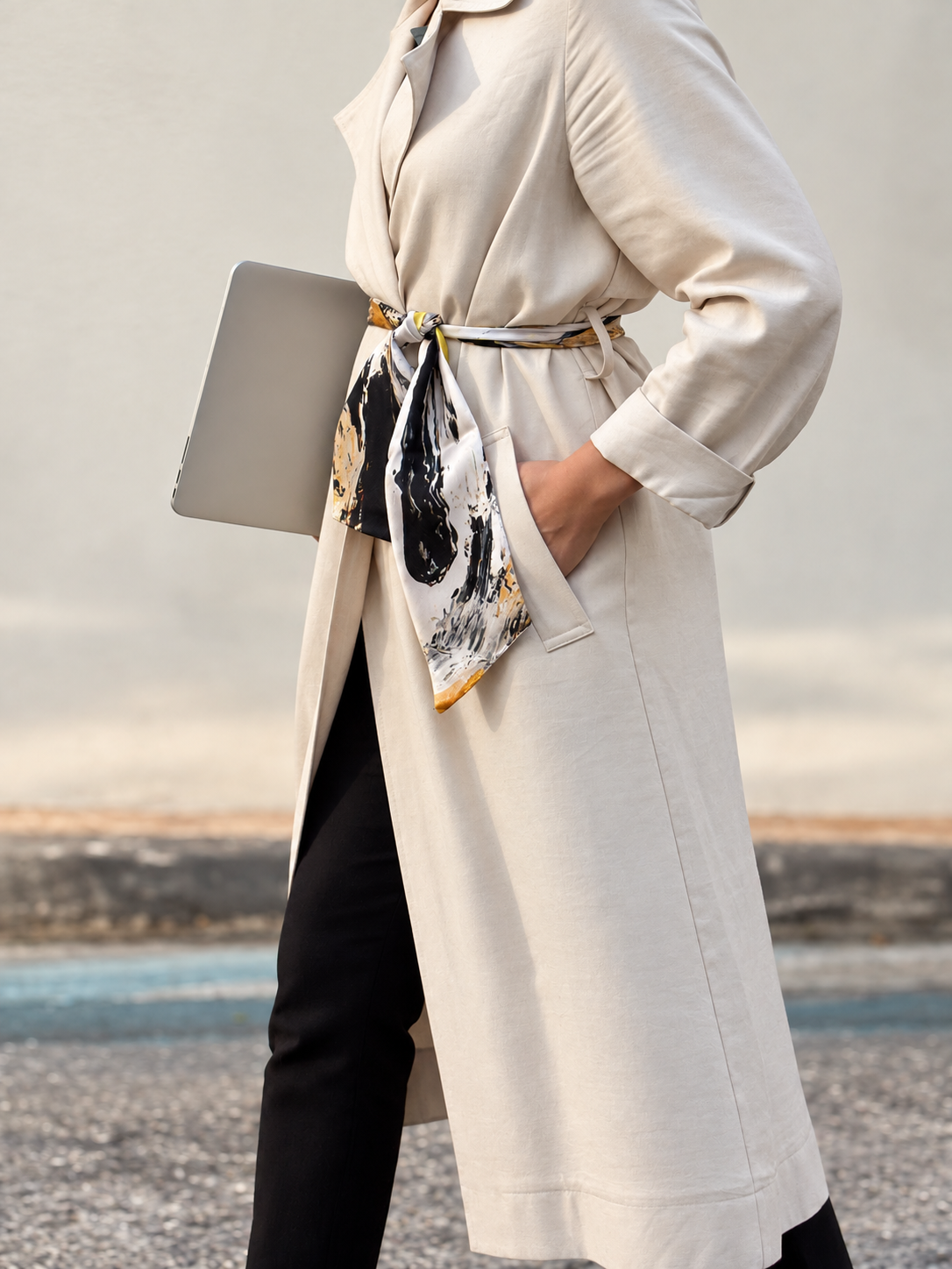 A woman wearing a long cream-colored trench coat with a matching belt and a patterned scarf, holding a silver laptop, standing outdoors near a body of water.