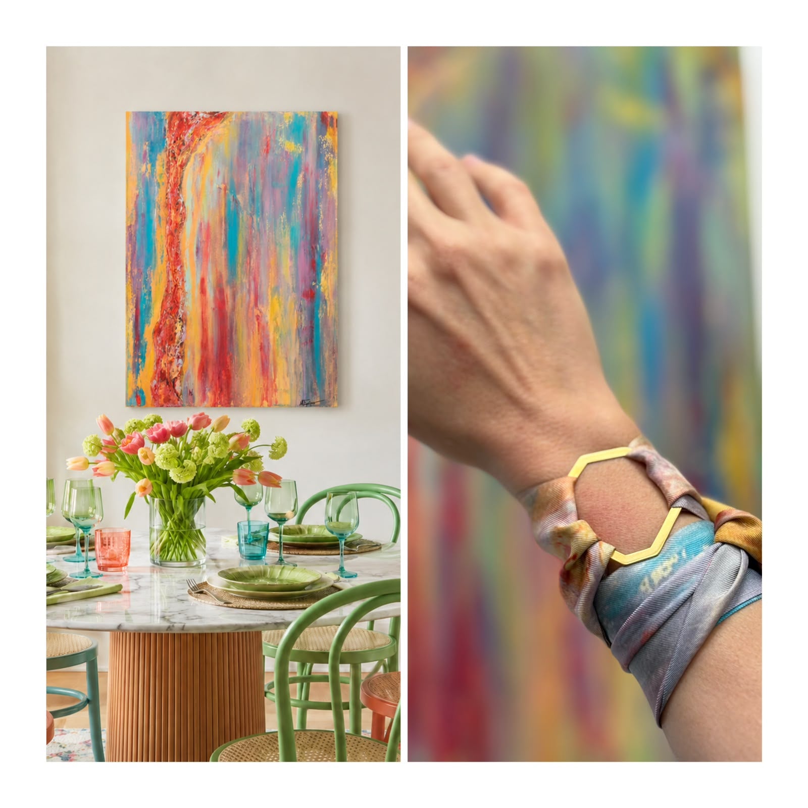 A split-panel lifestyle image showing a colorful abstract wall painting in a dining room setting on the left, and a close-up of a person's wrist wearing a matching multicolor fabric bracelet on the right.