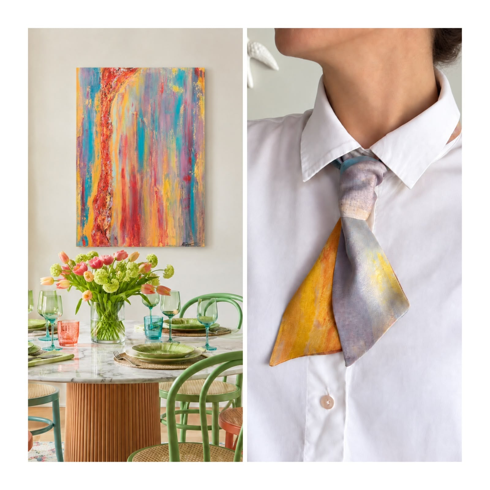 A split-panel lifestyle image. The left panel shows a colorful abstract canvas painting hanging on a dining room wall above a table with flowers and place settings.