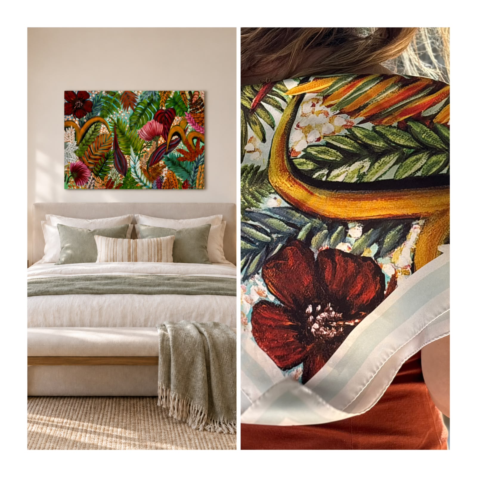 A split-screen presentation showing a tropical floral and bird canvas wall art print in a bedroom setting on the left, and a close-up of a silk scarf featuring the same print on the right.