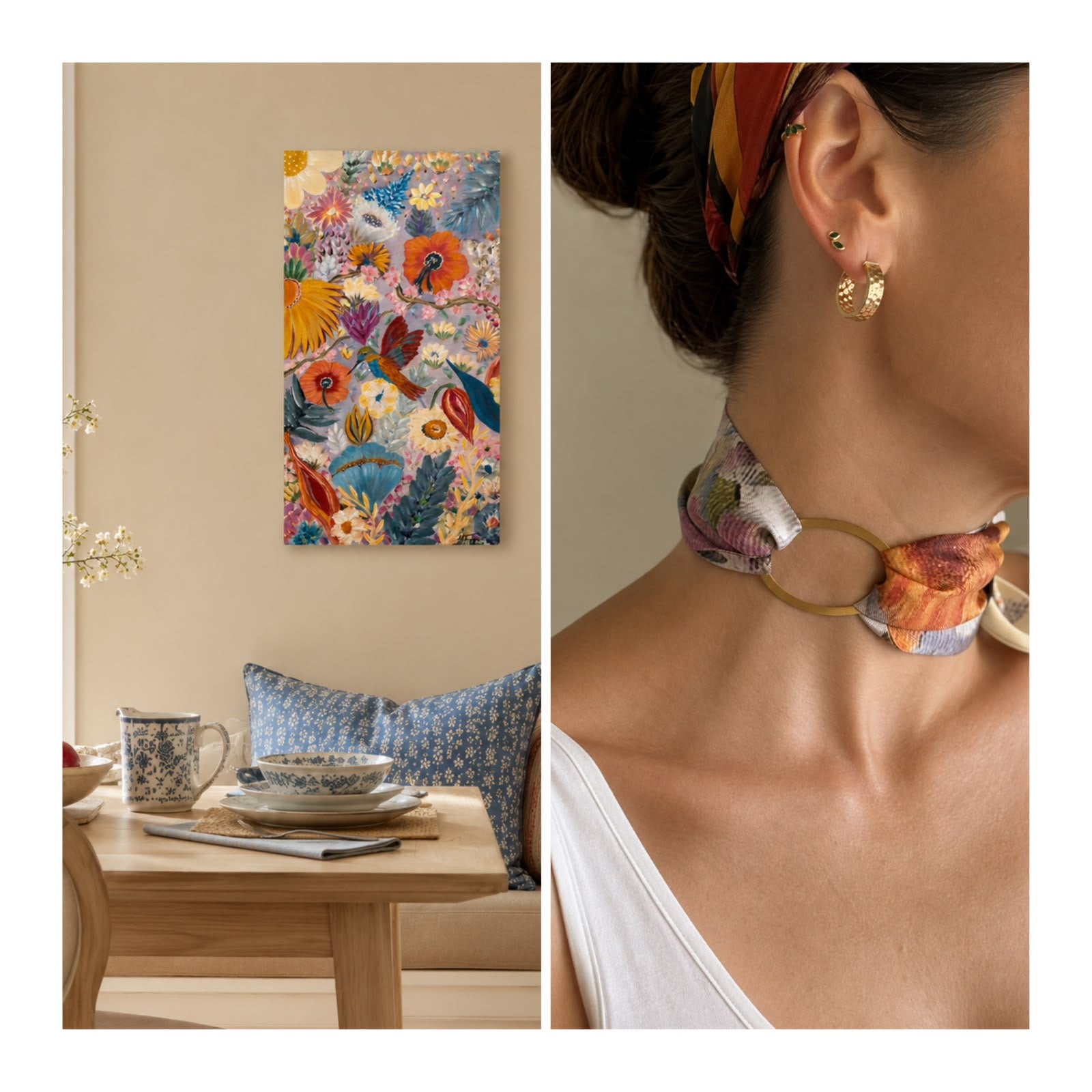A split-screen lifestyle image showing a colorful floral and bird tapestry wall hanging on the left, and a close-up of a woman wearing a matching patterned neck scarf with gold hoop earrings on the right.