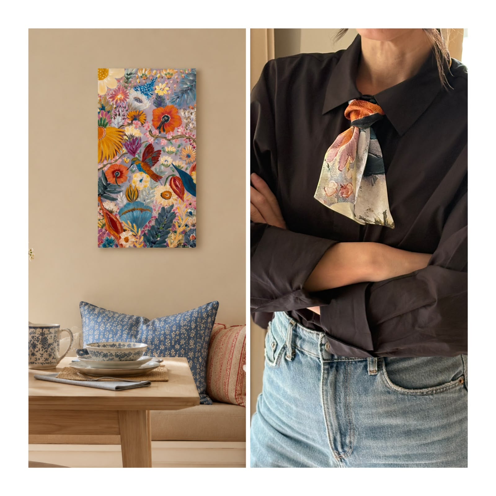 A split lifestyle image showing a colorful abstract floral wall art print on the left, and a woman wearing a matching patterned silk scarf tied around her collar on the right.