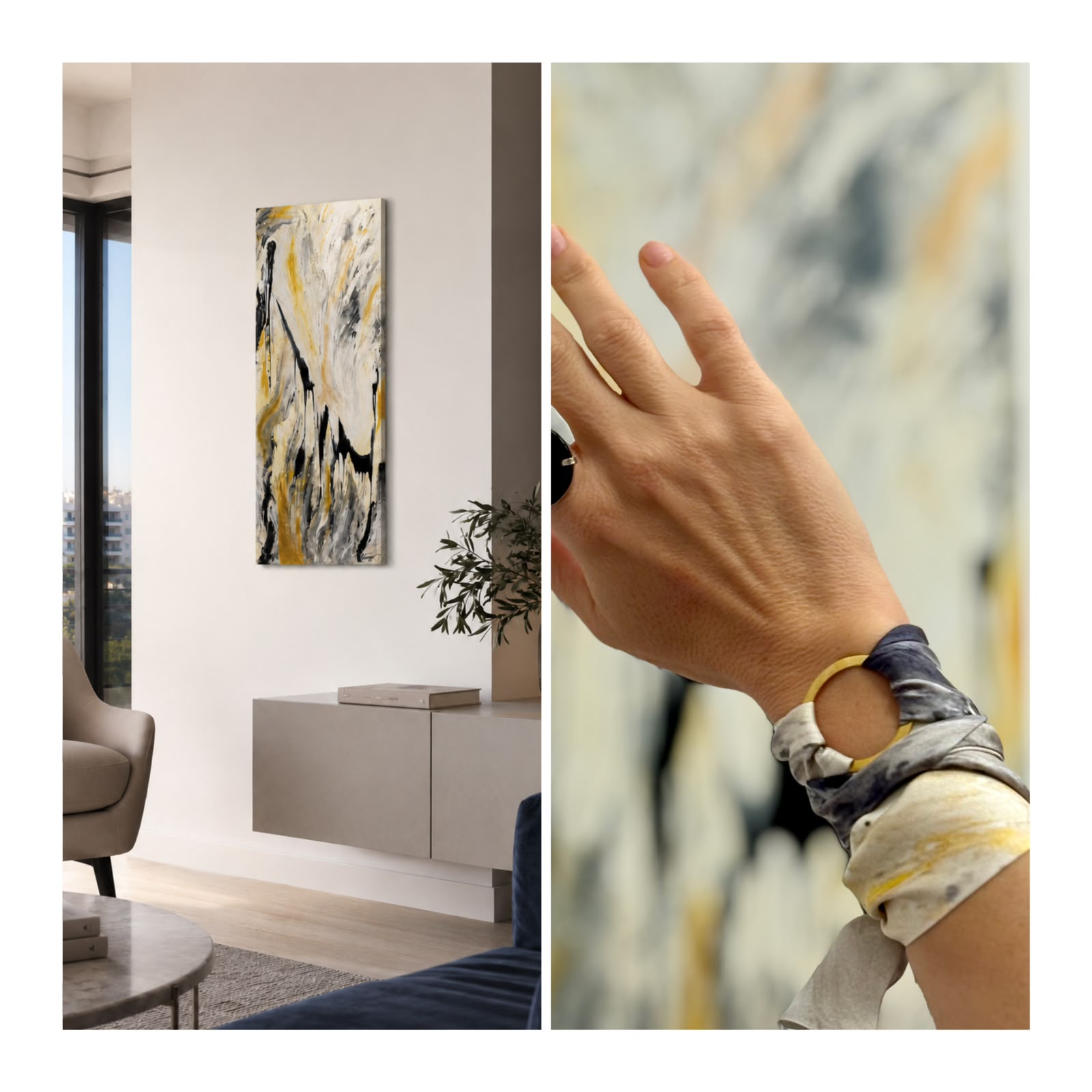 A split-screen lifestyle presentation of an abstract wall art print. The left panel shows the print hanging in a modern living room setting, and the right panel shows a close-up of a hand wearing a matching abstract-patterned fabric wristband.
