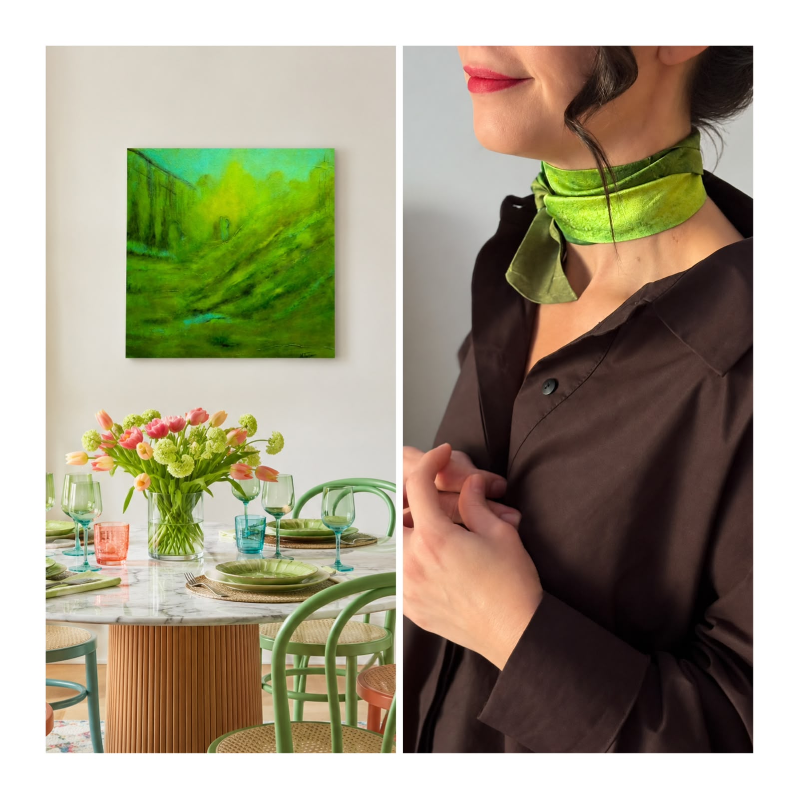 A split-screen lifestyle image showing a vibrant green landscape painting on a dining wall and a woman wearing a matching green satin neck scarf.