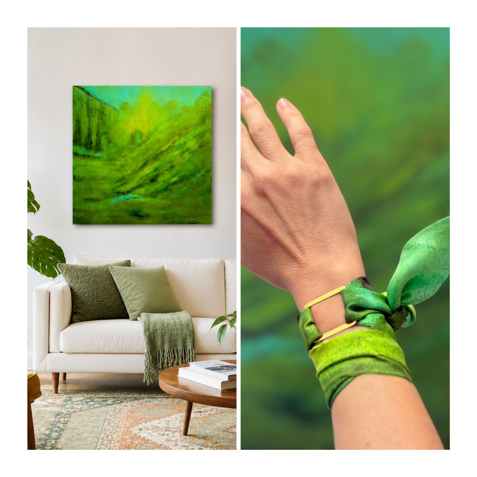 A split-panel presentation showing a green landscape painting hanging above a white sofa in a living room, alongside a close-up of a hand wearing a matching green silk scarf bracelet with gold hardware.