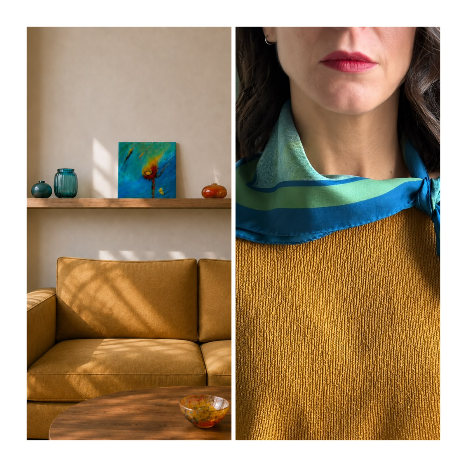 A split-screen lifestyle image showing a mustard yellow ribbed knit sweater with a blue and green striped silk neck scarf tied in a knot. The left panel shows the scarf styled in a warm, sunlit living room on a wooden shelf above a matching mustard yellow sofa.