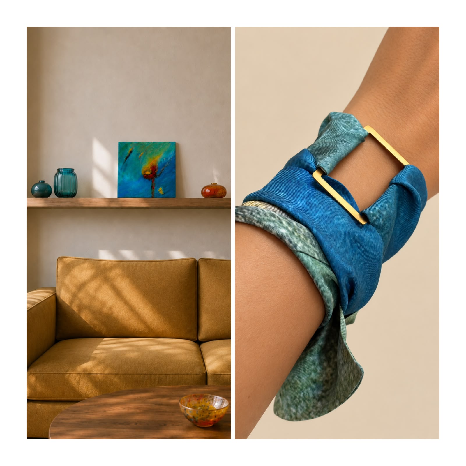 A split-screen lifestyle image showing a blue and green patterned fabric cuff bracelet with a gold metal bar clasp worn on a wrist, alongside a warm, modern living room background with a mustard yellow sofa and wall art.